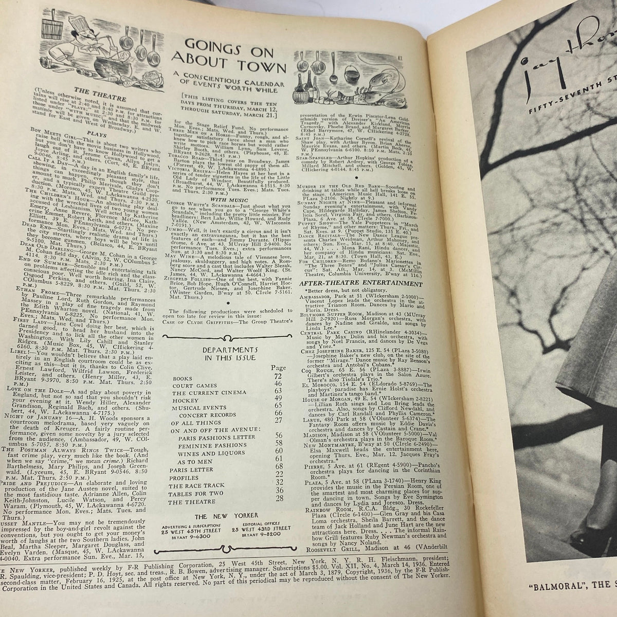 Inside page of The New Yorker magazine, March 14, 1936, featuring the calendar of events 'Goings On About Town' including theatre listings and other cultural activities.