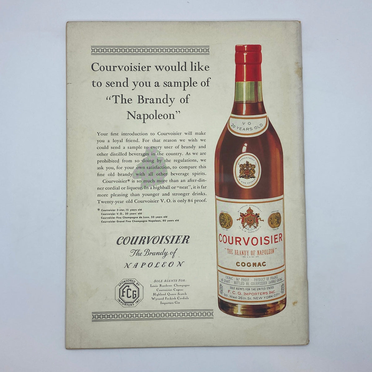 Advertisement for Courvoisier Cognac featuring a bottle with a description inviting readers to sample 'The Brandy of Napoleon', from The New Yorker magazine, March 14, 1936.