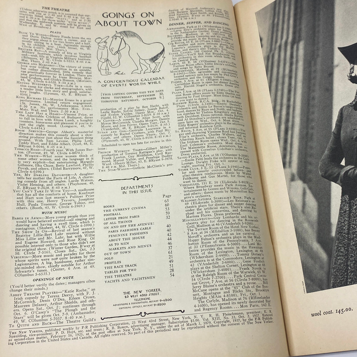 Inside view of The New Yorker magazine from October 2, 1937, showcasing the 'Goings On About Town' section with listings and events, enhancing the rich cultural context of the vintage issue.