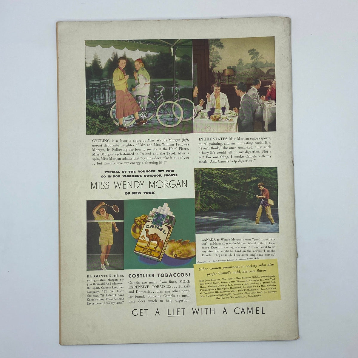Back cover of The New Yorker Complete Magazine September 4, 1937 featuring advertisements and illustrations including Miss Wendy Morgan and Camel cigarettes. Collectible vintage magazine with iconic advertising from the era.
