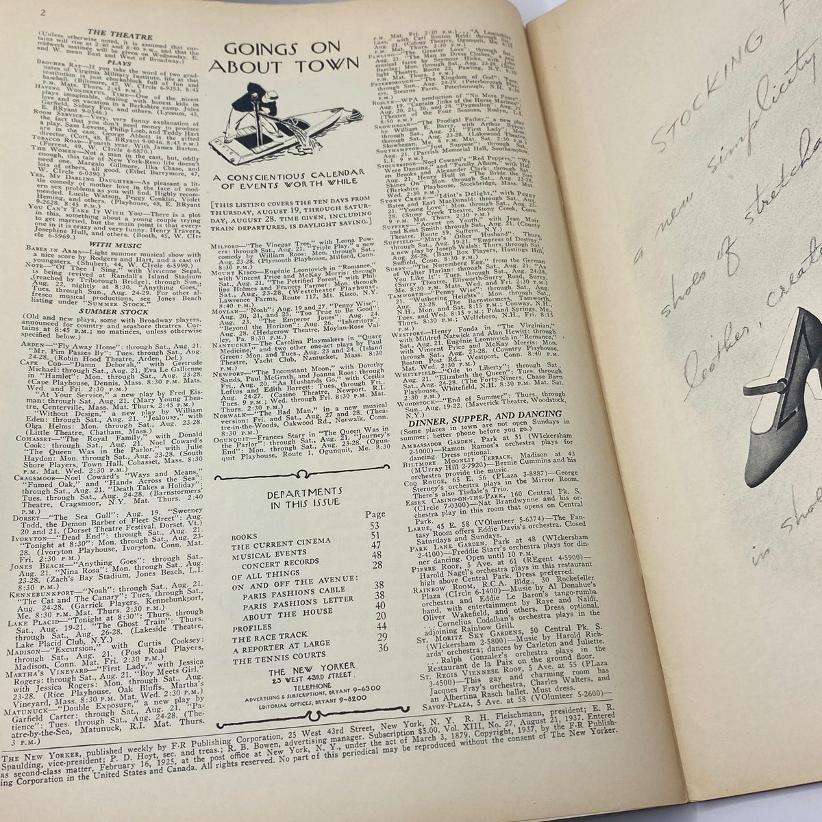 Interior page of The New Yorker magazine from August 21, 1937 showing 'Goings On About Town' with listings and events. This vintage publication features Leonard Weisgard's notable cover art.