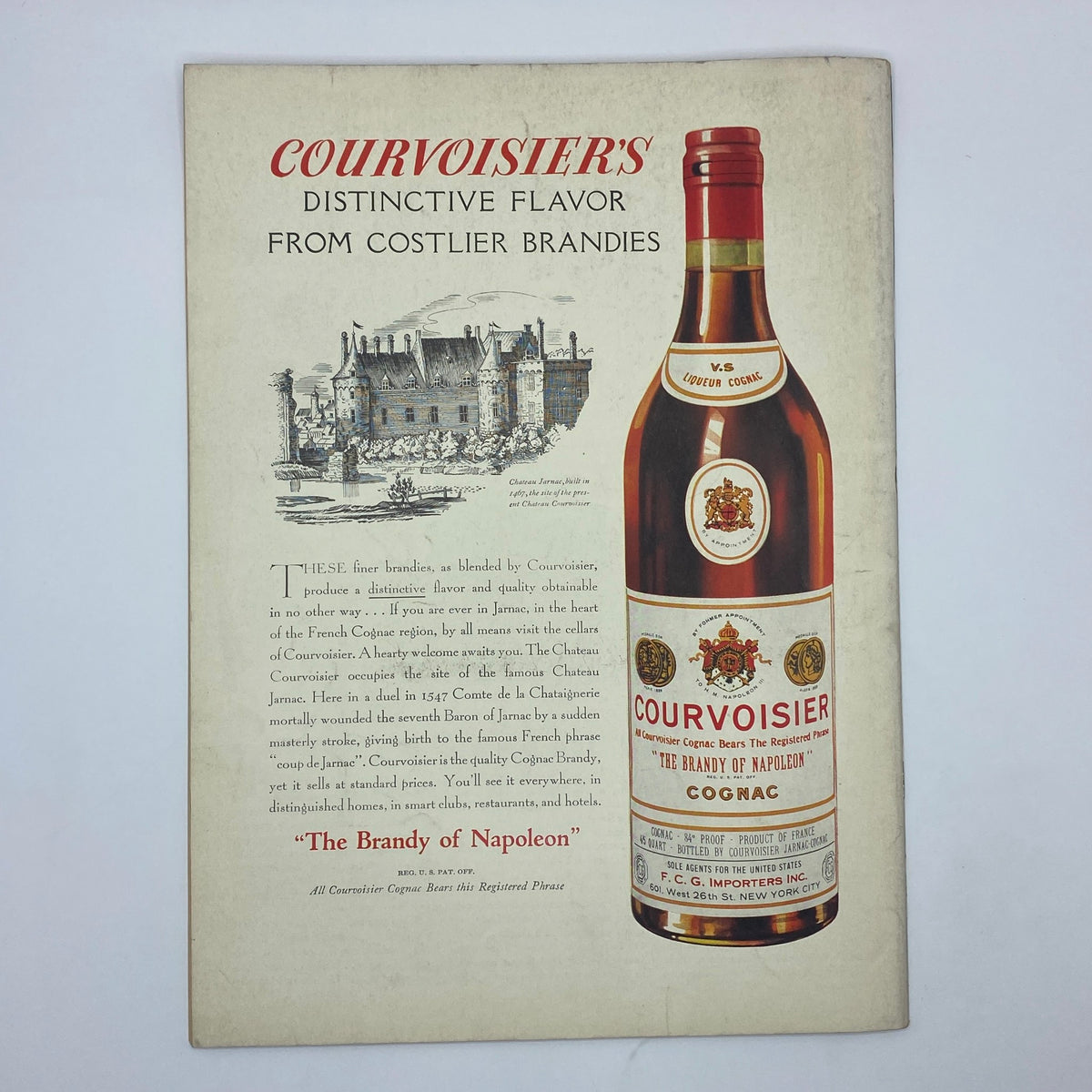 Advertisement for Courvoisier Cognac from The New Yorker magazine August 21, 1937, showcasing the brand's history and quality, along with a bottle illustration. This collectible magazine includes Leonard Weisgard's cover.