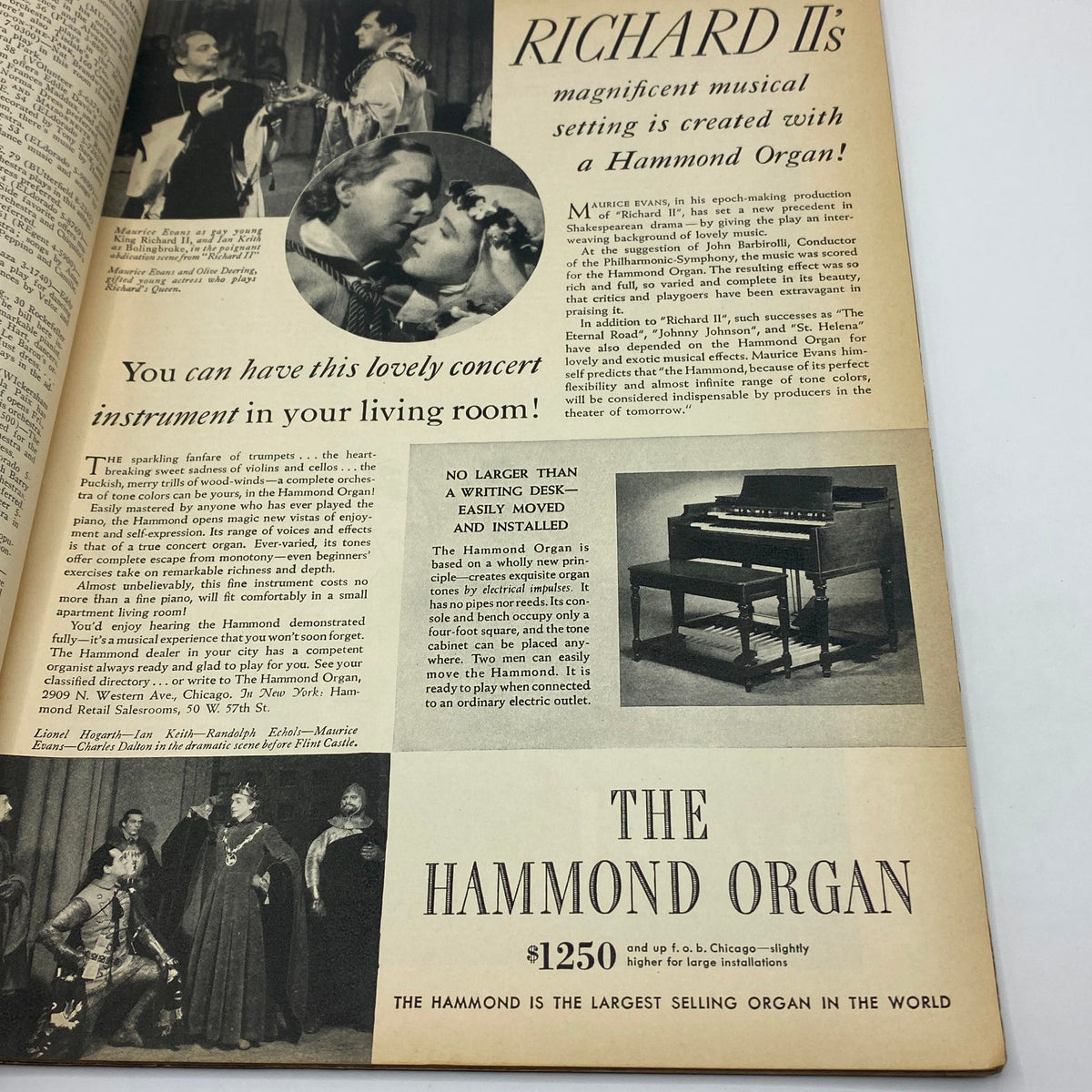 Advertisement page from The New Yorker magazine, May 15, 1937 issue, promoting the Hammond Organ in a theatrical context related to 'Richard II', highlighting the instrument's features and use in performances.