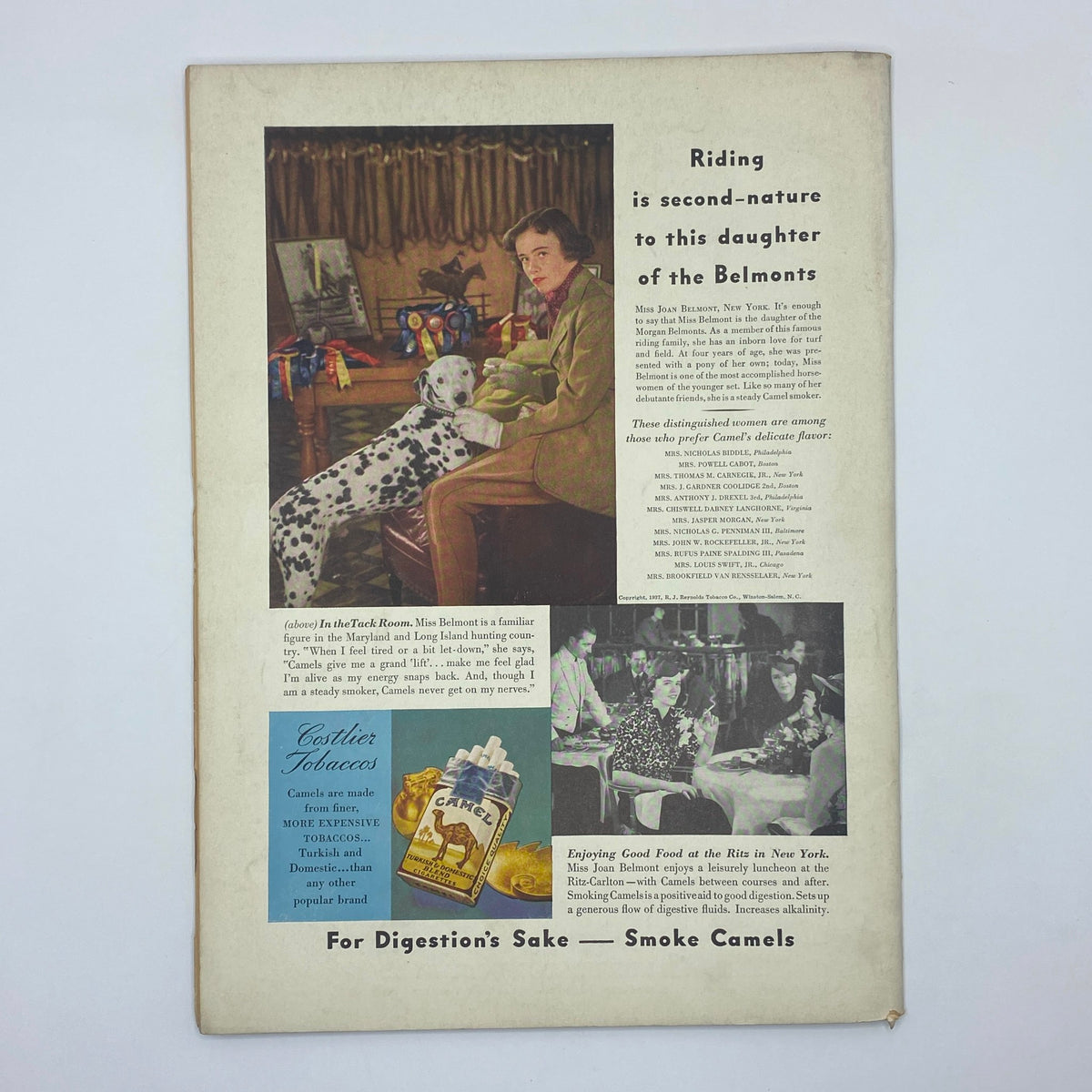Back cover of The New Yorker magazine, May 15, 1937 issue, featuring an advertisement with a woman and her Dalmatian dog, promoting Camel cigarettes and showcasing upper-class social life.