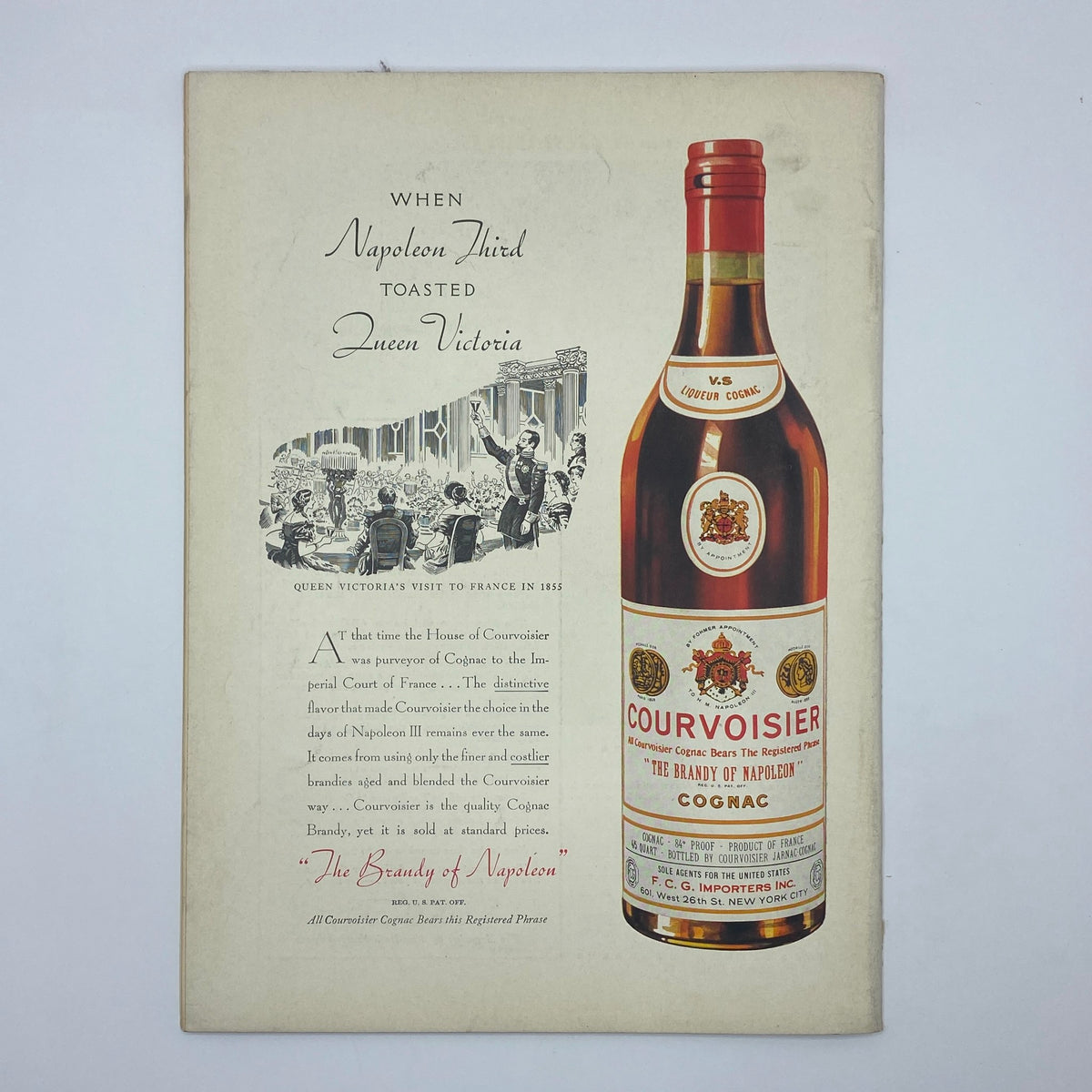 Courvoisier Cognac advertisement featuring a bottle and historical reference to Napoleon III toasting Queen Victoria, aligning with the theme of the New Yorker Complete Magazine May 8, 1937 Rea Irvin Cover.