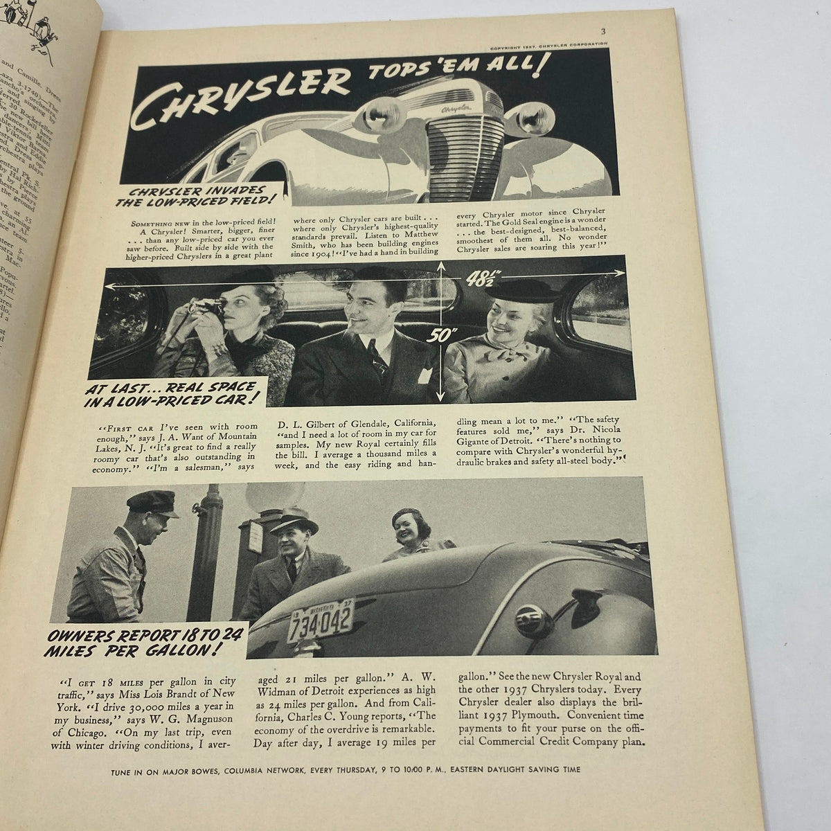 Chrysler advertisement from The New Yorker magazine, June 12, 1937, showcasing the tagline 'Chrysler Tops 'Em All!' with images of a 1937 Chrysler car and testimonials about roominess and fuel efficiency.