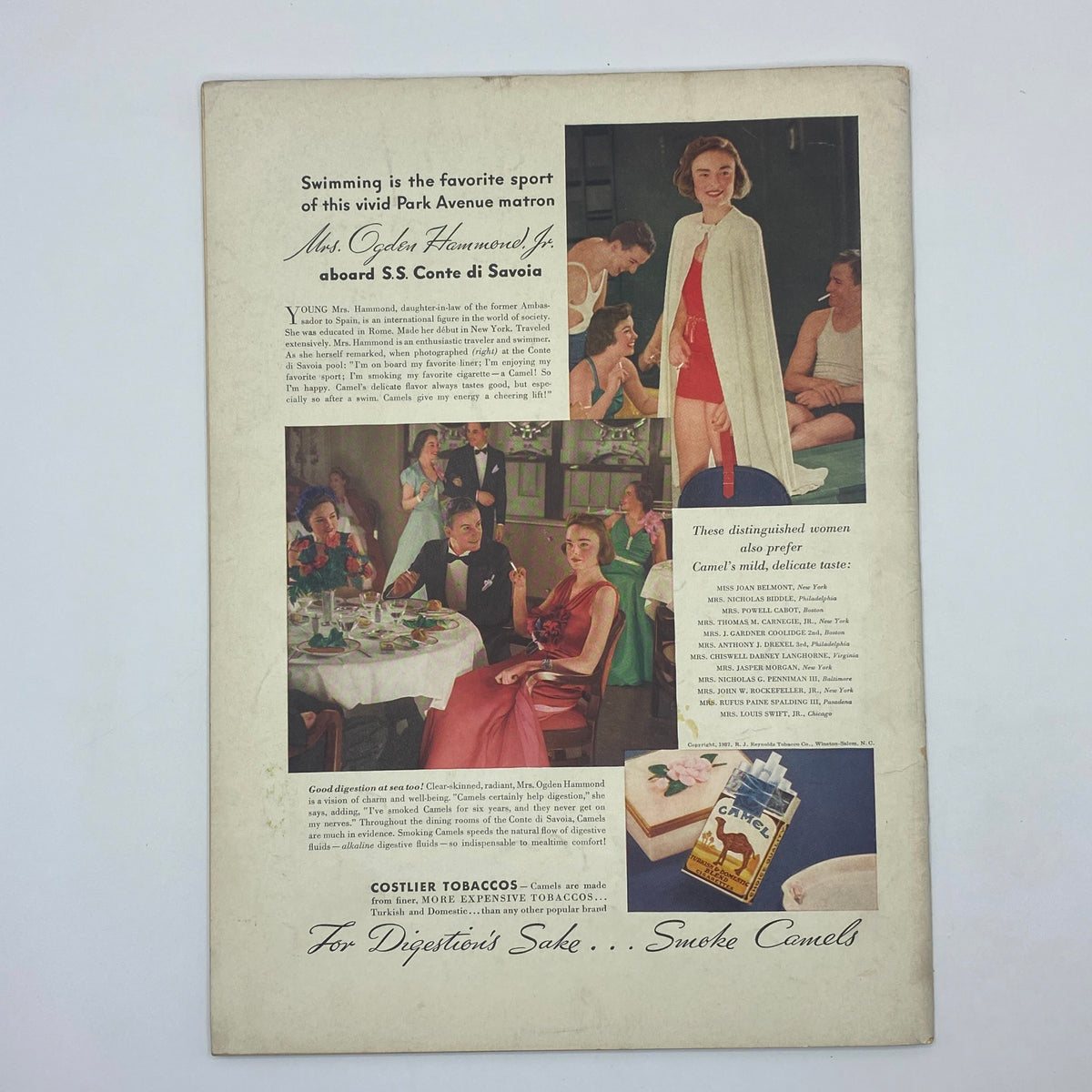Camel cigarettes advertisement featuring Mrs. Ogden Hammond Jr., from The New Yorker magazine, June 12, 1937, highlighting a social gathering and emphasizing the elegance and taste in a luxurious dining setting.
