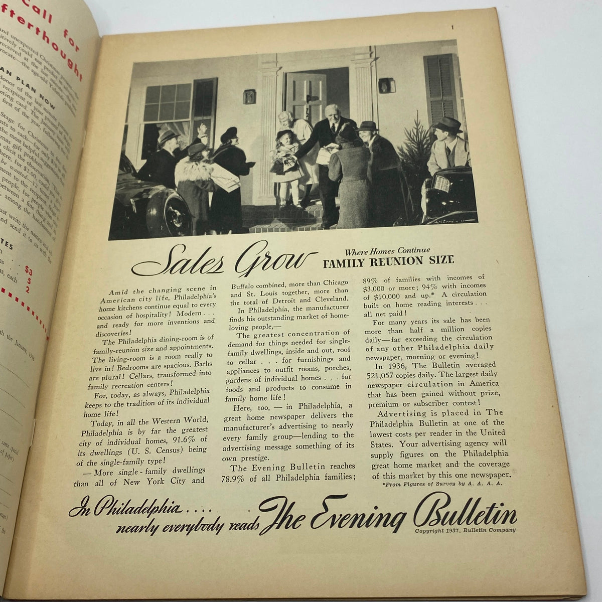 Page from The New Yorker magazine, December 25, 1937, showcasing an advertisement for The Evening Bulletin and discussing Philadelphia's family dynamics.