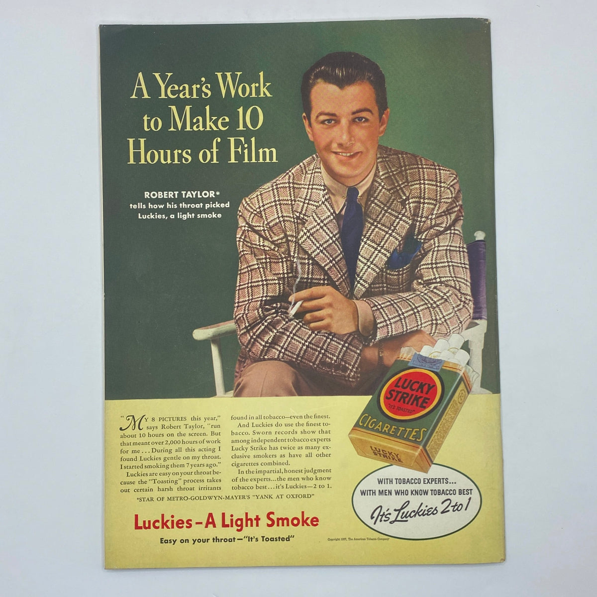 Advertisement featuring actor Robert Taylor promoting Lucky Strike cigarettes, from The New Yorker magazine, November 20, 1937.