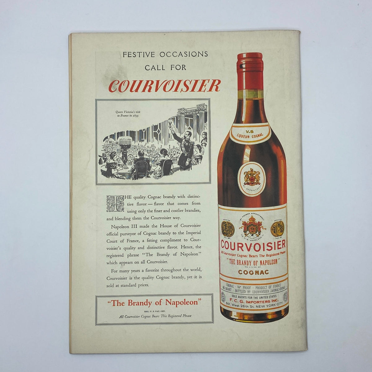 An advertisement for Courvoisier Cognac in The New Yorker magazine, October 16, 1937, highlighting its quality and status as 'The Brandy of Napoleon'. Ideal for collectors and enthusiasts of historical advertisements.