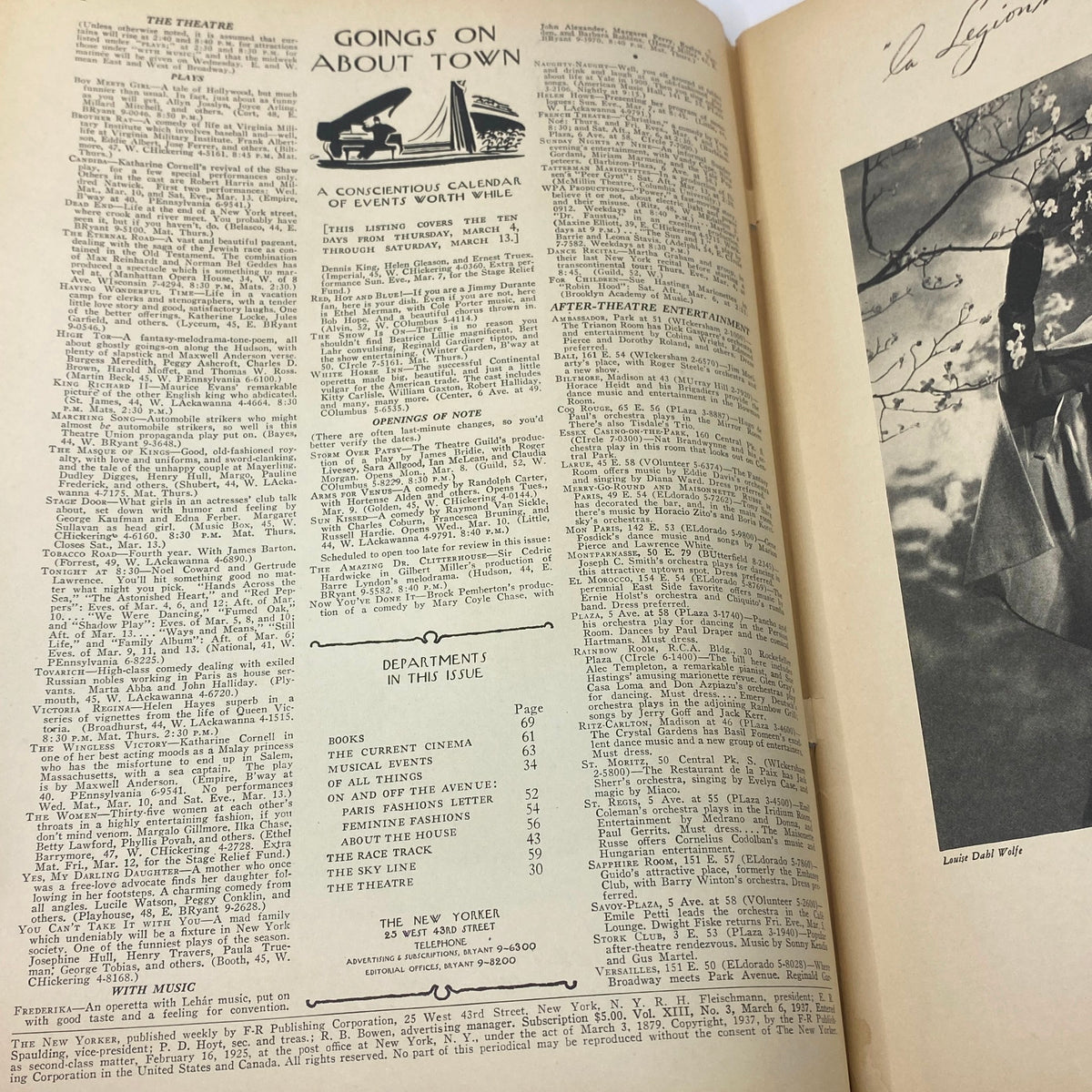 The New Yorker Complete Magazine March 6, 1937 interior page featuring 'Goings On About Town' calendar with theater events.