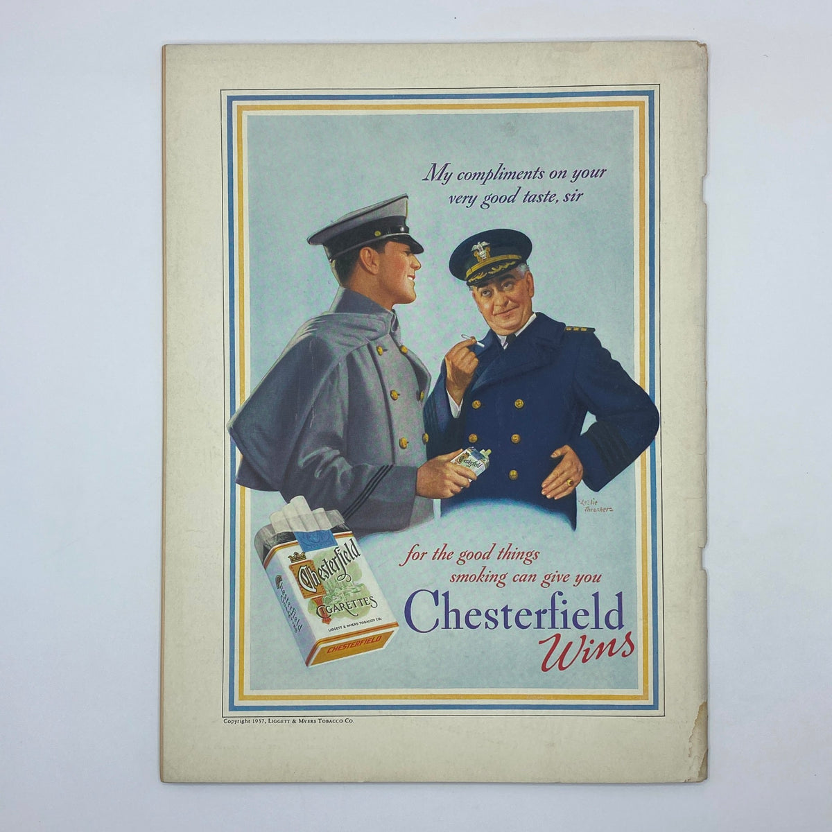 The New Yorker Complete Magazine March 6, 1937 back cover featuring an advertisement for Chesterfield cigarettes with two military men.