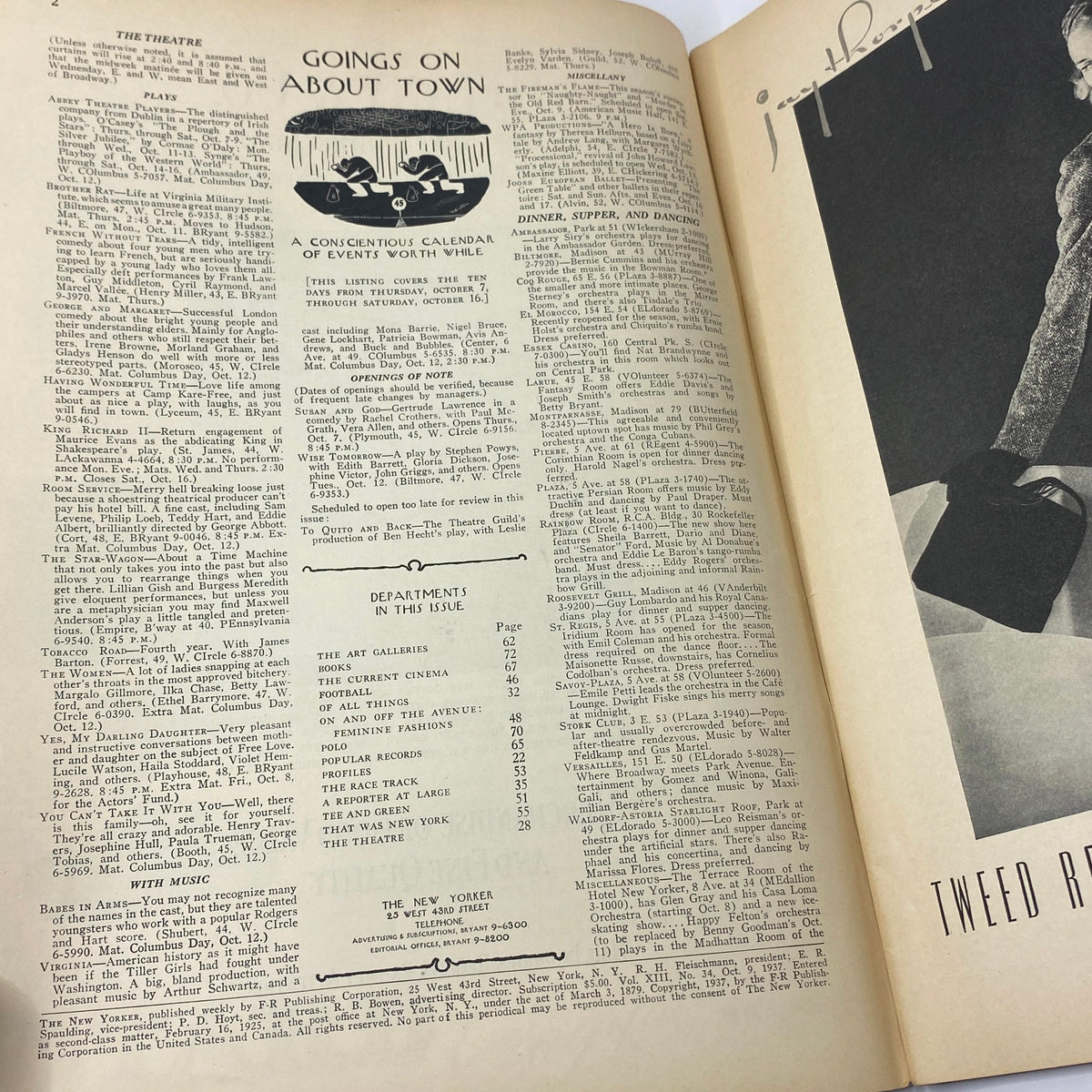 Inside page of The New Yorker magazine from October 9, 1937 featuring the Goings On About Town section and a calendar of events.