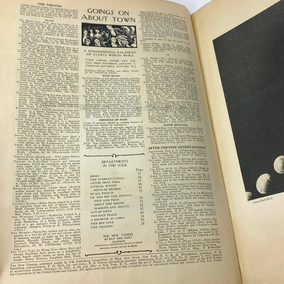 Inside page of The New Yorker Magazine January 9, 1937 featuring events and shows calendar, showcasing the vintage style of the publication.