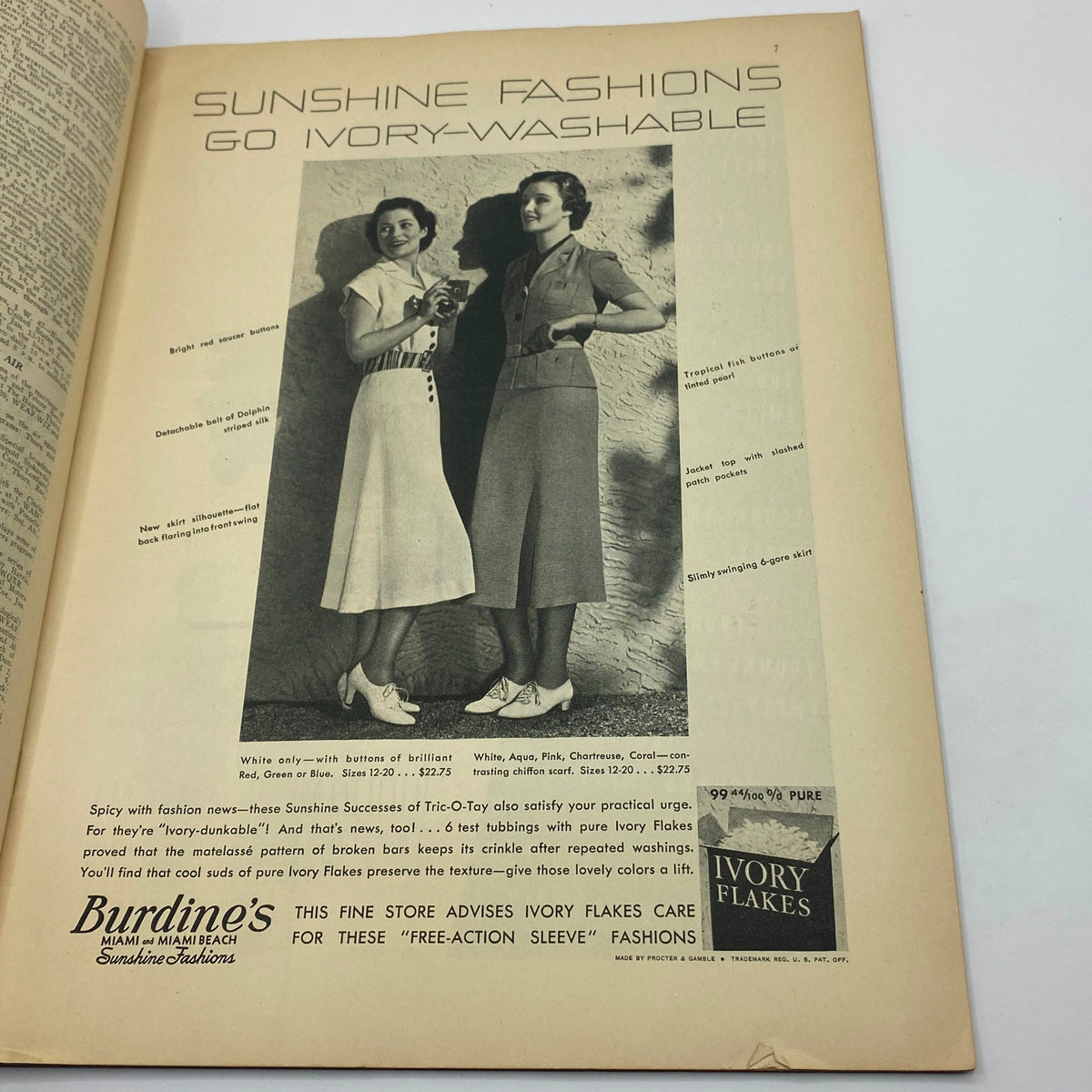 Fashion advertisement from The New Yorker Magazine January 9, 1937 promoting Sunshine Fashions with models wearing stylish outfits.