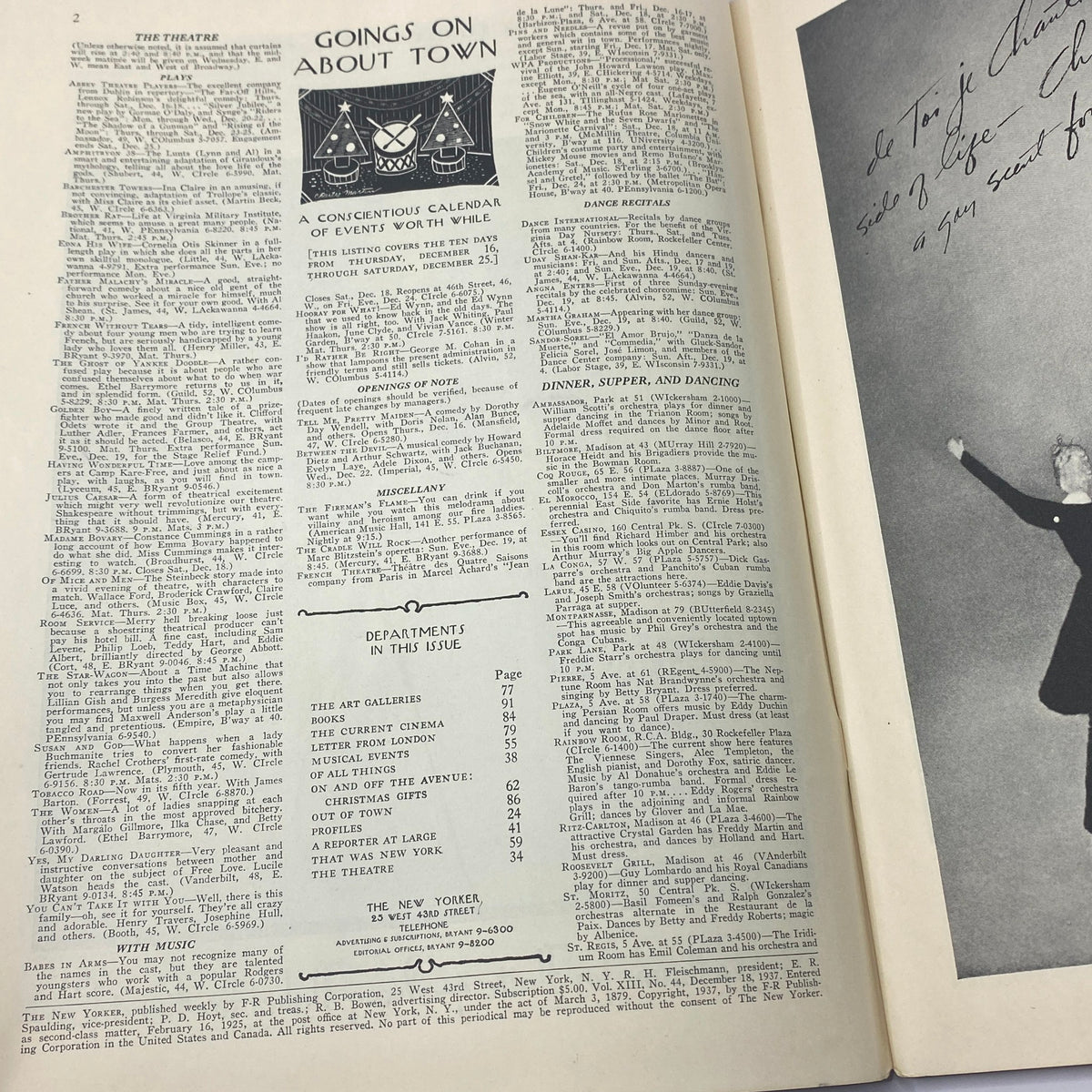Inside page of The New Yorker Complete Magazine December 18, 1937 showcasing the 'Goings on About Town' calendar, featuring events in New York.