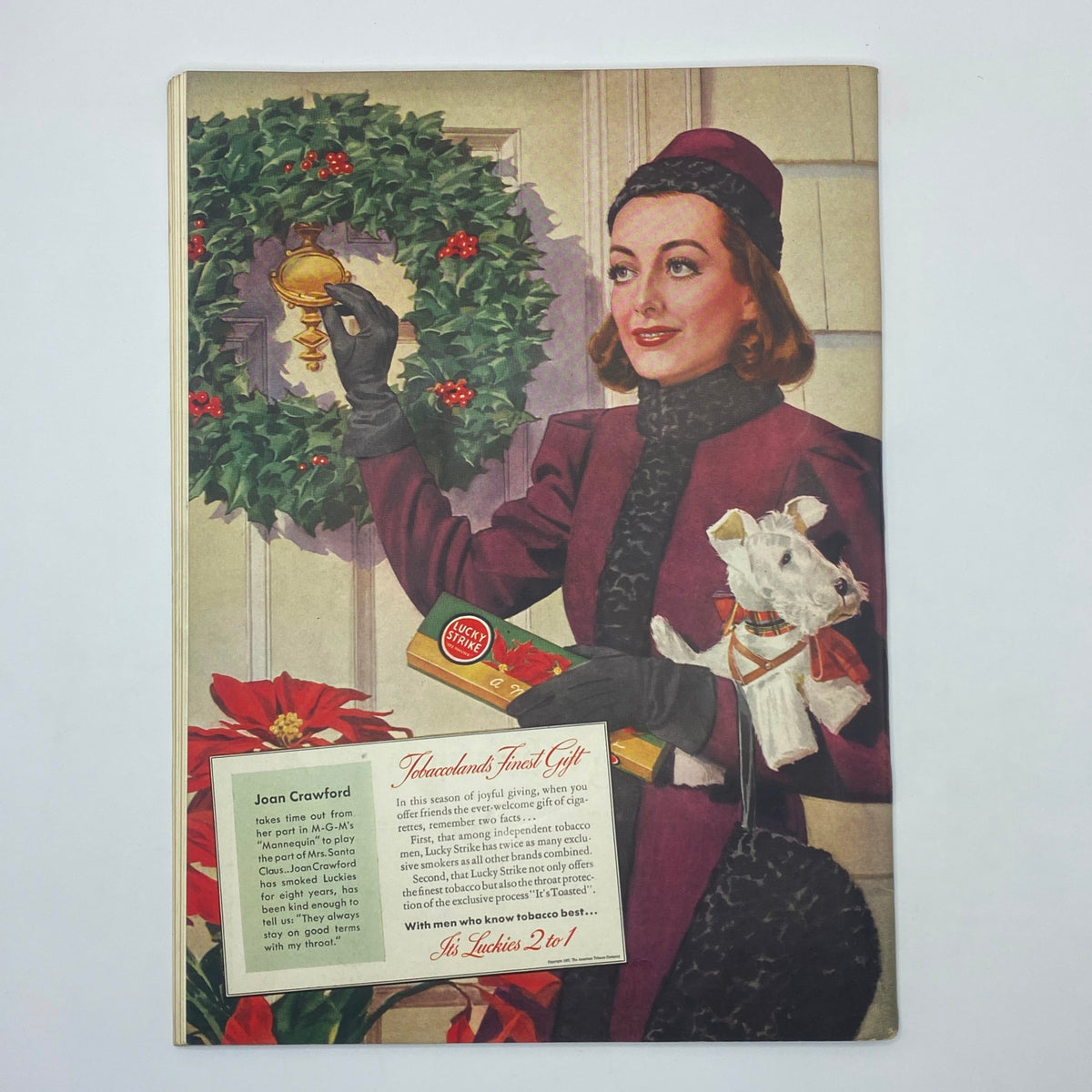 Vintage advertisement from The New Yorker featuring a woman in elegant attire with a dog, promoting tobacco products. Part of The New Yorker Complete Magazine December 18, 1937 William Cotton Cover VG.