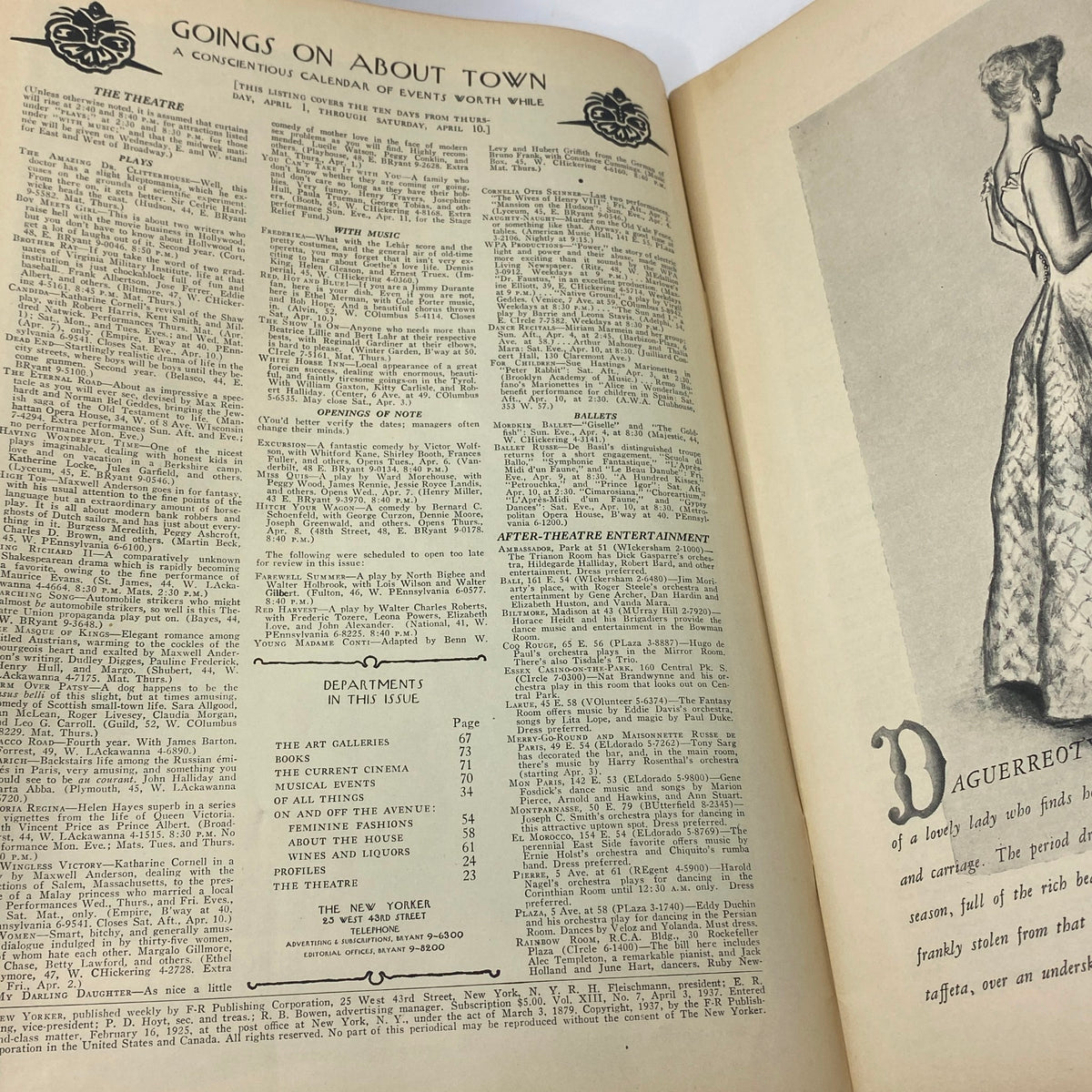 Inside page of The New Yorker magazine from April 3, 1937 featuring the 'Goes On About Town' section highlighting theatre and entertainment events.