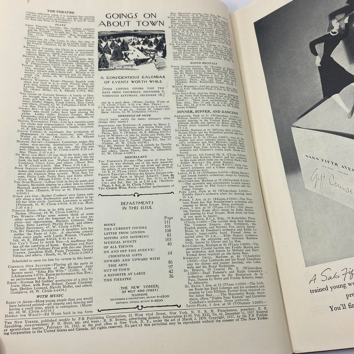 Inside page of The New Yorker Complete Magazine December 11, 1937 featuring a calendar of events, theater listings, and advertisements, capturing the vintage essence of the publication.