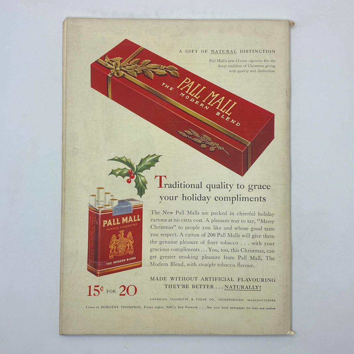 An advertisement for Pall Mall cigarettes, designed with festive holiday elements and promoting its traditional quality, featured in The New Yorker Complete Magazine December 11, 1937.