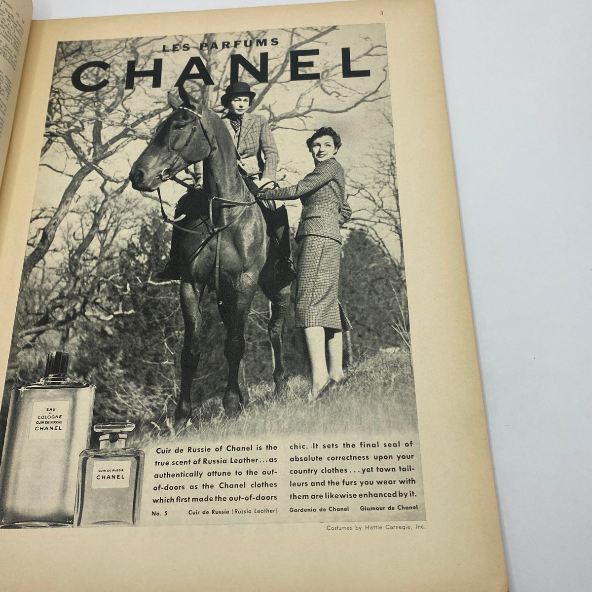 Advertisement for Chanel featuring a woman on a horse, from 'The New Yorker' magazine, March 27, 1937.