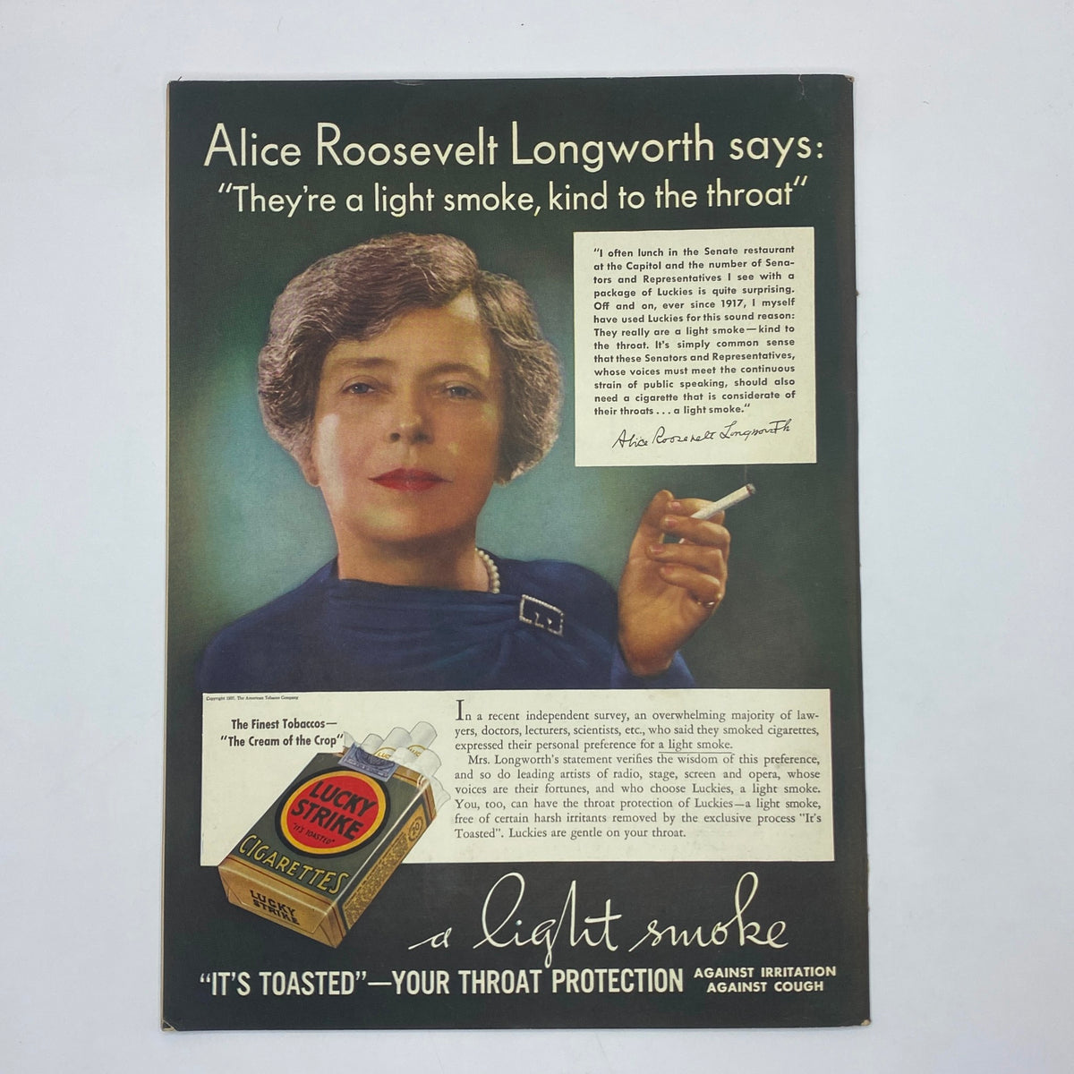 Vintage advertisement featuring Alice Roosevelt Longworth promoting Lucky Strike Cigarettes, from 'The New Yorker' magazine, March 27, 1937.