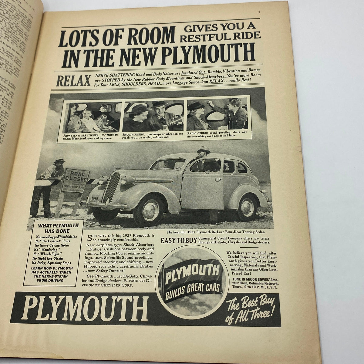 Advertisement for the 1937 Plymouth car in The New Yorker magazine from January 2, 1937, illustrating features of the new model with images and text highlighting comfort and design.