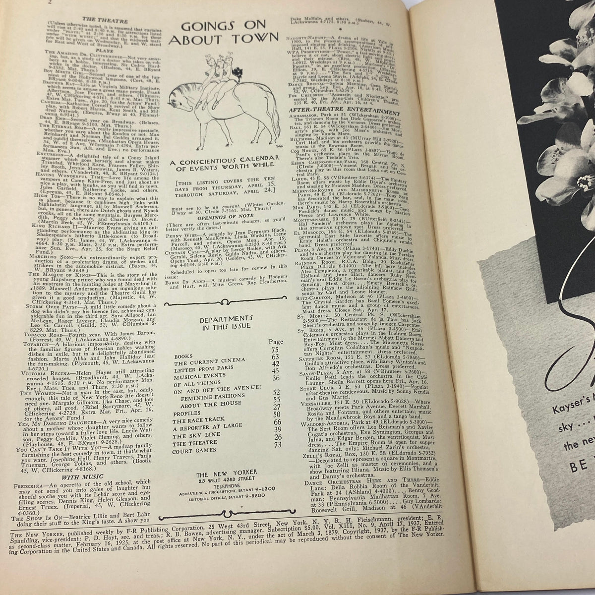 Inside page of The New Yorker Complete Magazine, April 17, 1937, featuring the 'Goings On About Town' section and magazine departments, showcasing vintage publishing style.