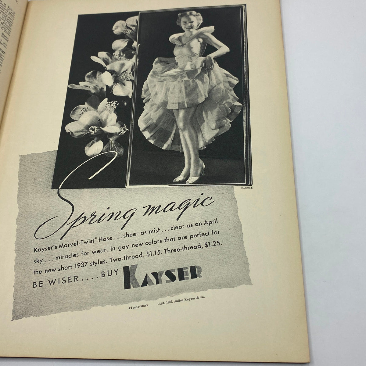 Vintage advertisement featuring a model in a spring dress promoting Kayser's Marvel-Twist Hose, from The New Yorker Complete Magazine April 17, 1937 Rea Irvin Cover.