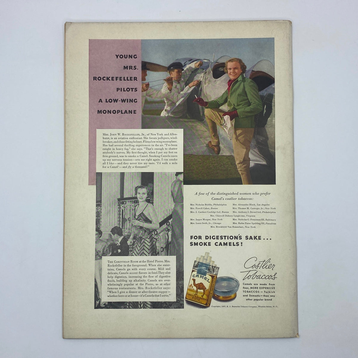 Advertisement highlighting Mrs. John D. Rockefeller piloting a low-wing monoplane, from The New Yorker Complete Magazine April 17, 1937 Rea Irvin Cover.