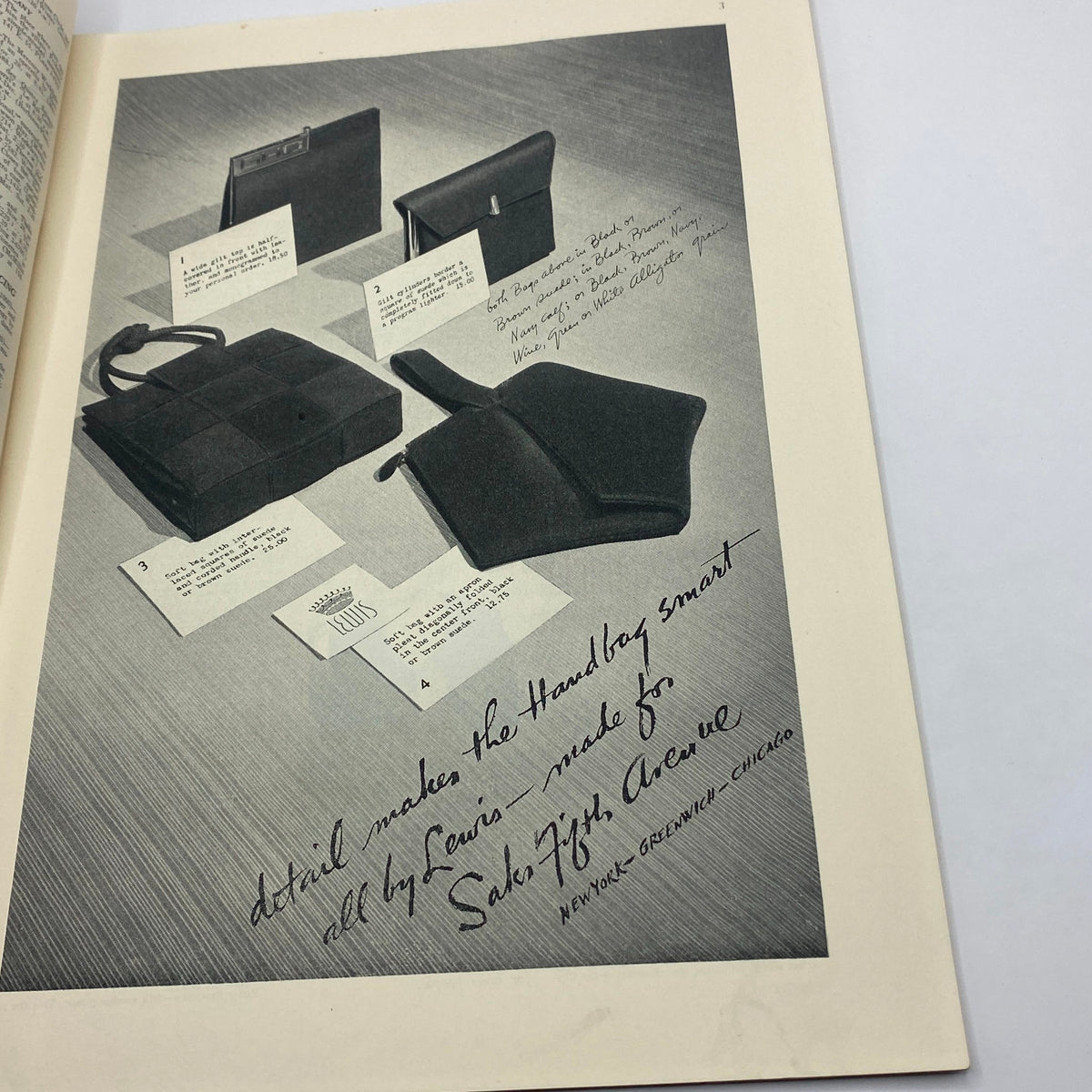 Black and white photograph of handbags featured in The New Yorker Complete Magazine November 27, 1937, showcasing vintage purse styles with detailed labels.