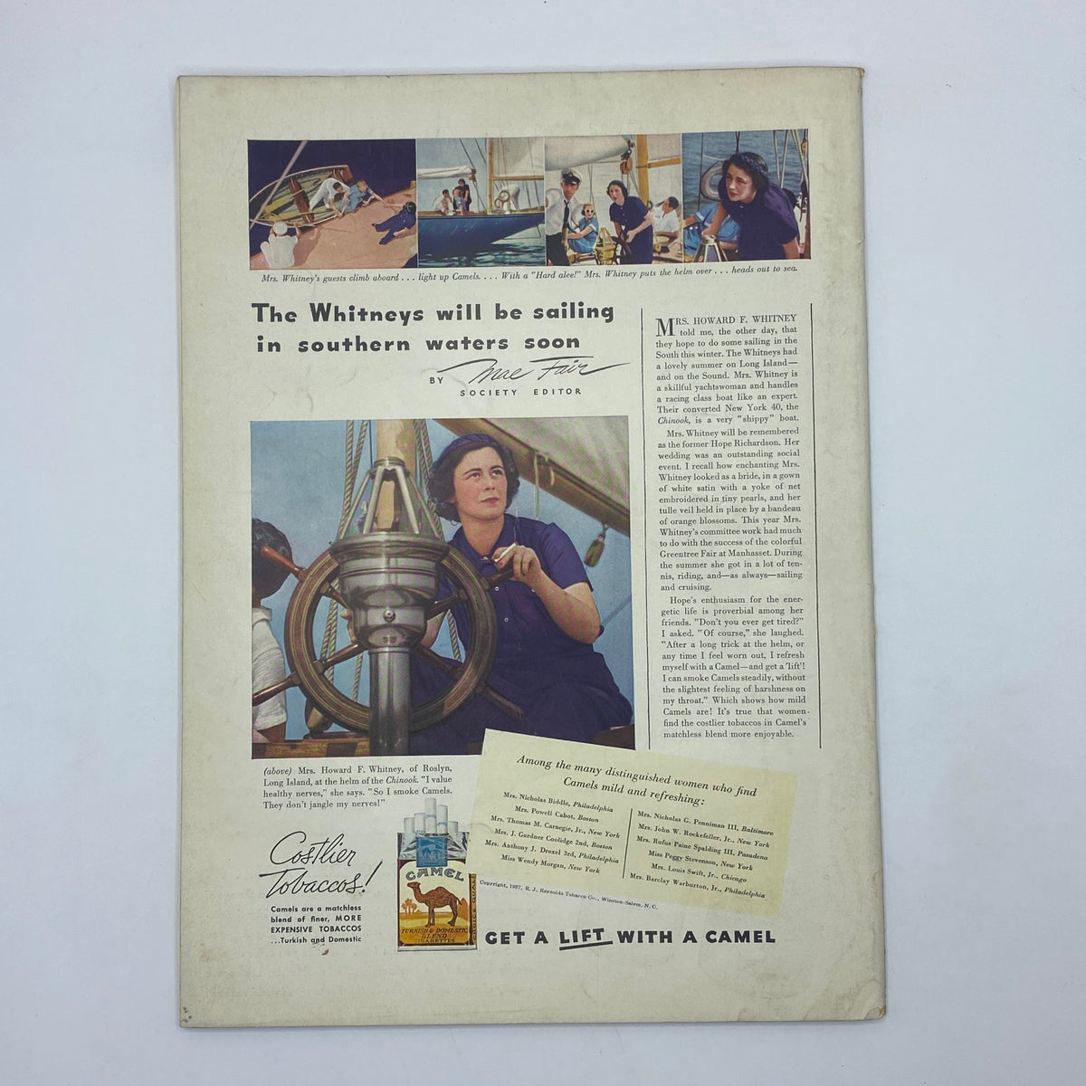 Back cover of The New Yorker Complete Magazine November 27, 1937 displaying an article about the Whitneys sailing and featuring a photo of Mrs. Howard F. Whitney.