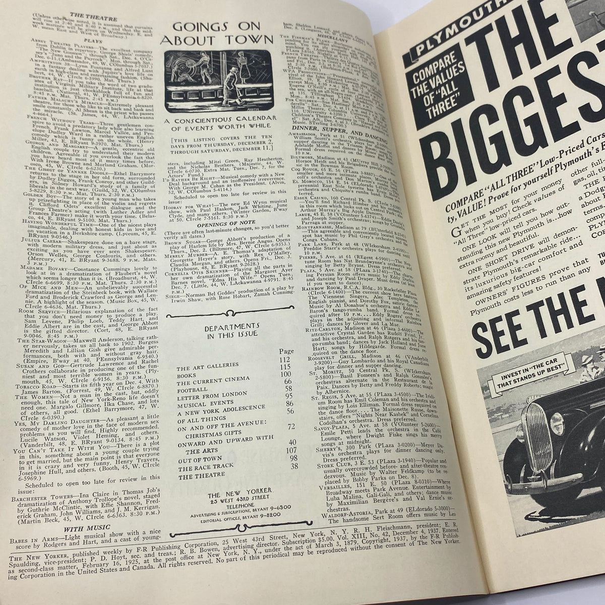 Interior page of The New Yorker Complete Magazine December 4, 1937, featuring event listings and department overview, showcasing the rich literary culture of the time.