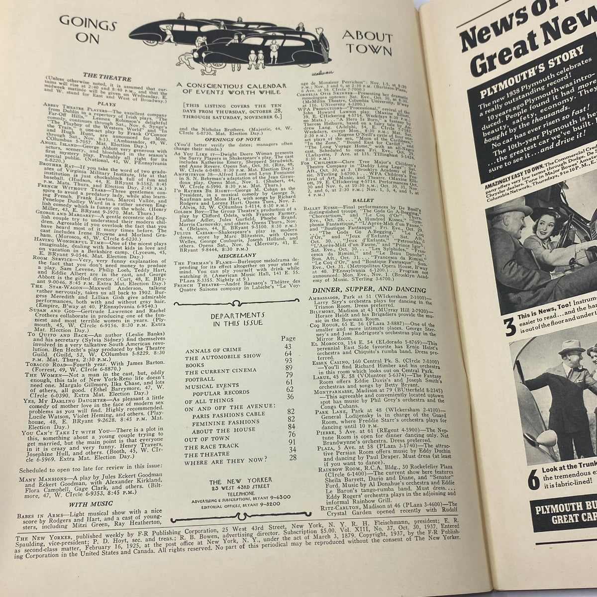 Interior page from The New Yorker magazine, October 30, 1937, featuring a listing of cultural events and articles including a theatrical calendar, notable for its vintage typography and layout.