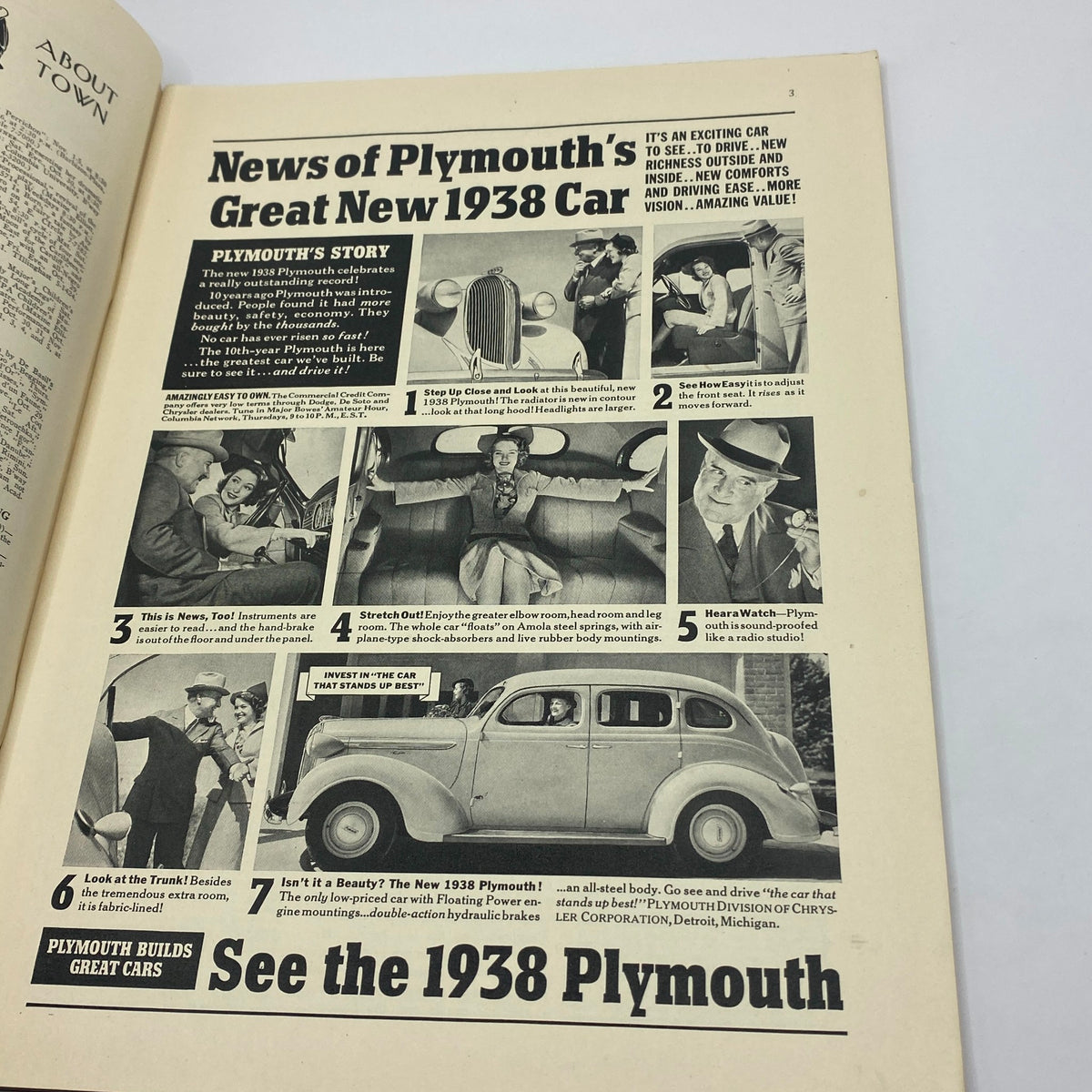 Advertisement page from The New Yorker magazine, October 30, 1937, showcasing the new 1938 Plymouth car with images highlighting its design and features.
