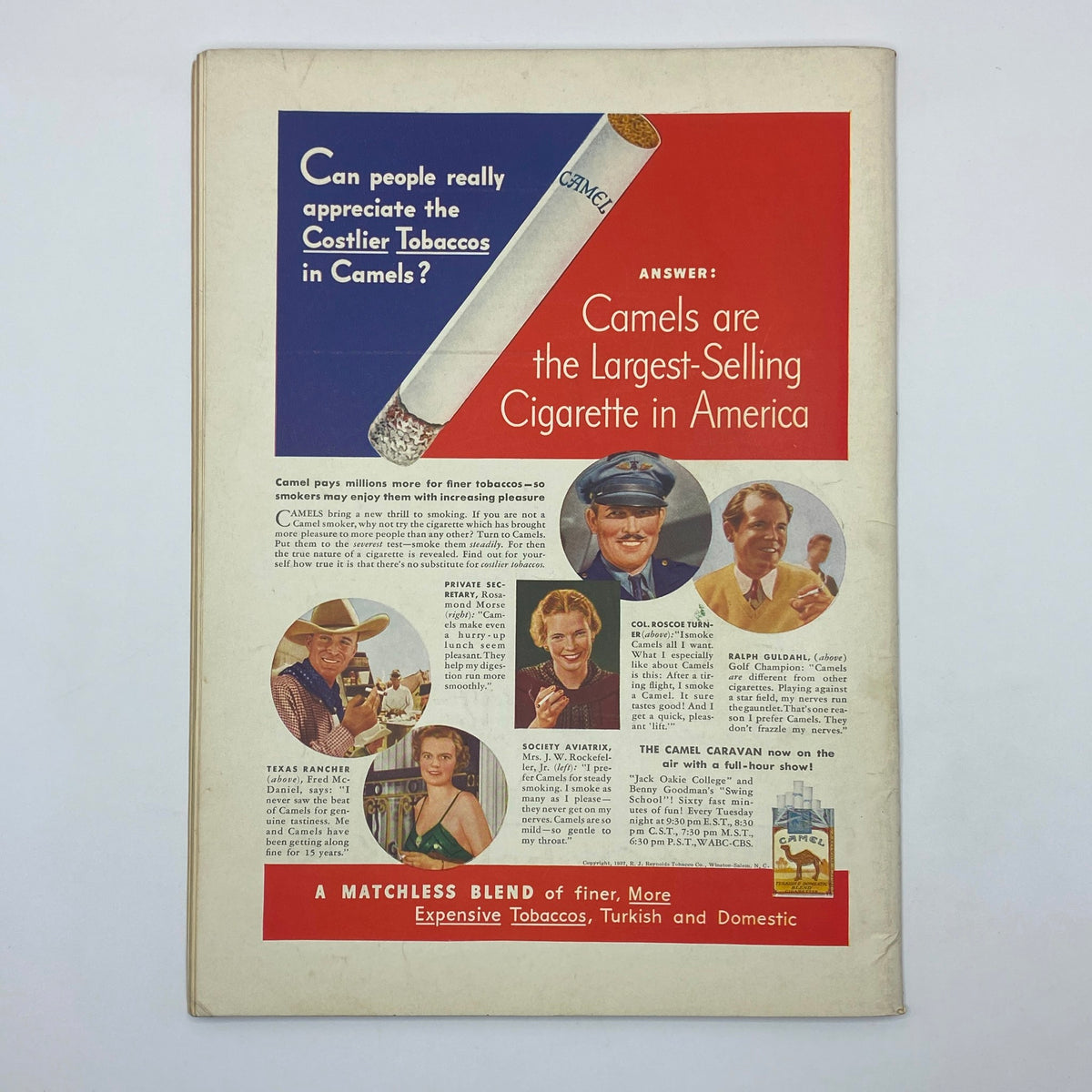 Advertisement for Camel cigarettes from The New Yorker magazine issue, October 30, 1937, highlighting its status as the largest-selling cigarette in America. The ad features various individuals enjoying Camel cigarettes, showcasing lifestyle and leisure associated with the brand.