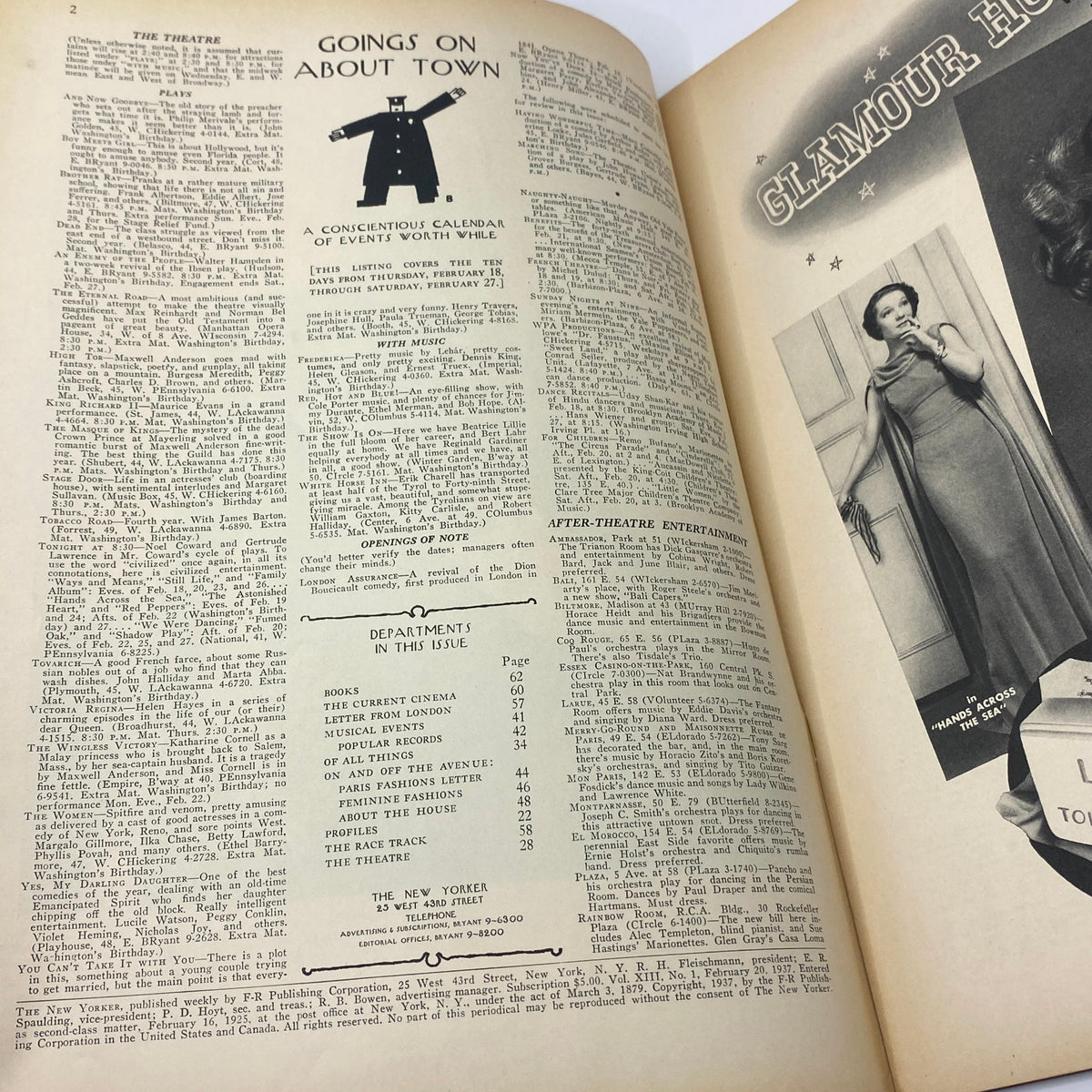 Interior page of The New Yorker Complete Magazine February 20, 1937, featuring a calendar of events and entertainment listings, showcasing the magazine's vintage design.