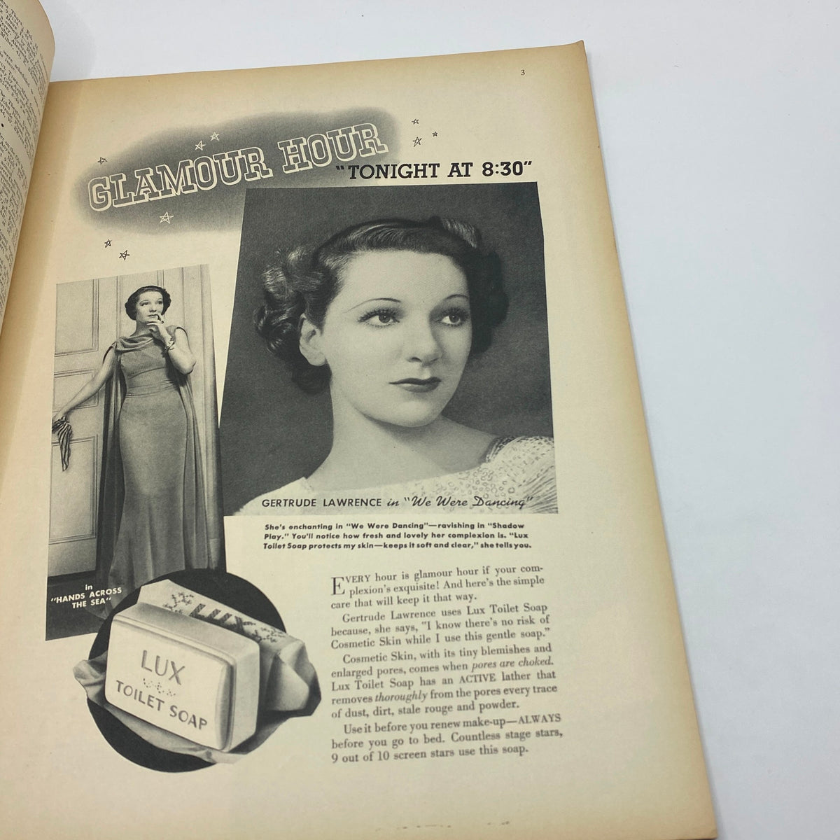 Advertisement from The New Yorker Complete Magazine February 20, 1937, featuring Gertrude Lawrence promoting Lux Toilet Soap and highlighting the glamour of the 1930s.