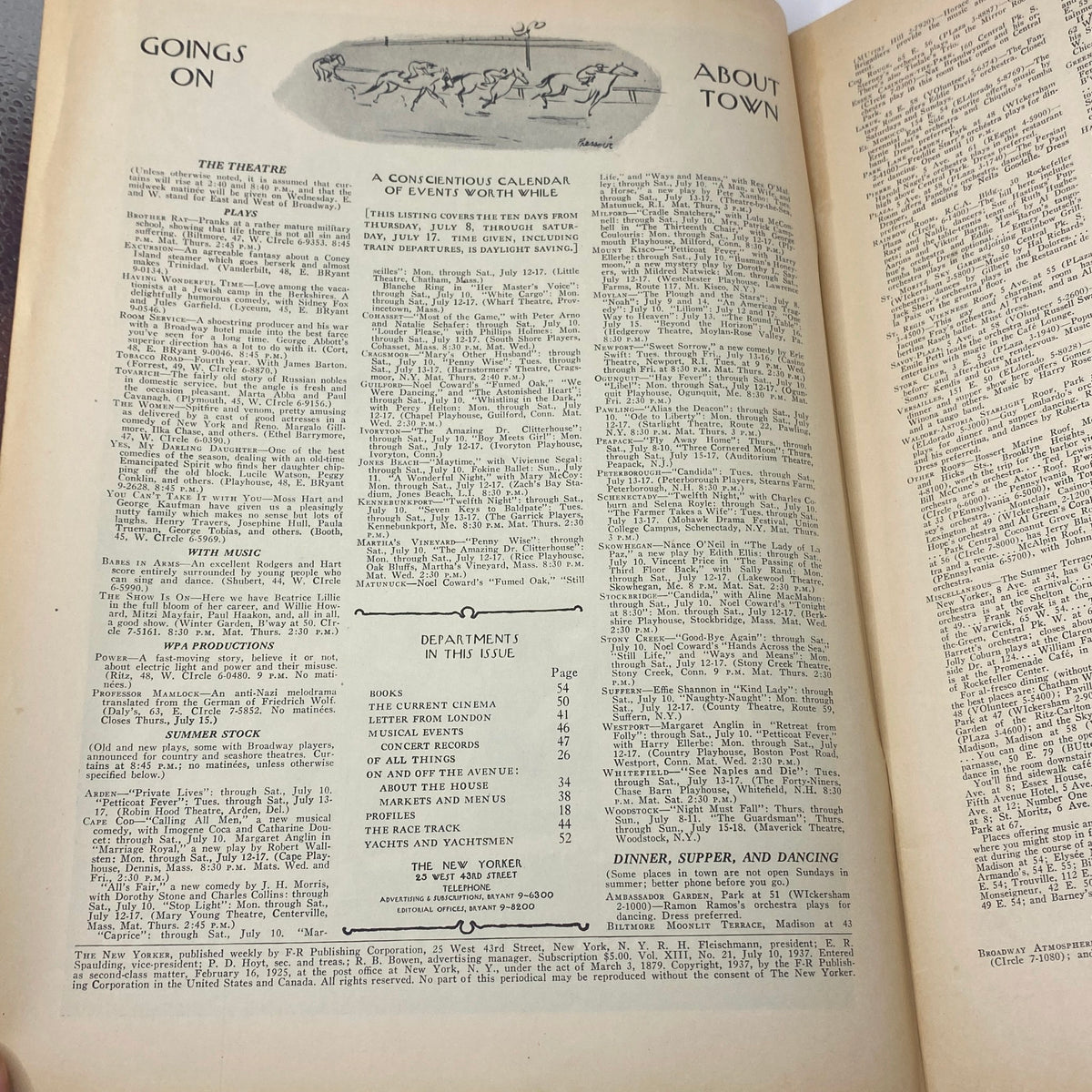 Inside page of The New Yorker magazine, July 10, 1937, featuring a calendar of events and theater listings.