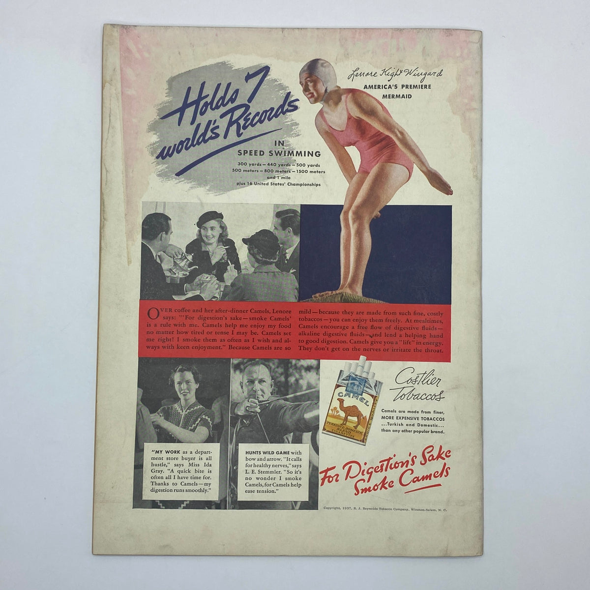 Back cover of The New Yorker magazine, July 10, 1937, featuring an advertisement for Camels cigarettes with a swimming champion.