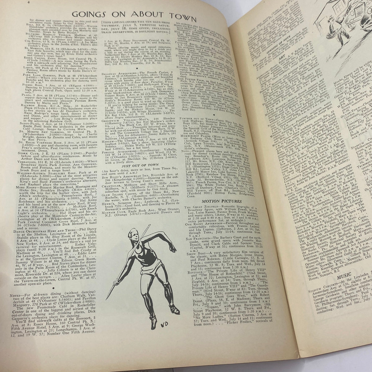 Another inside view of The New Yorker magazine from July 11, 1936 displaying more editorial content including illustrations and advertisements.
