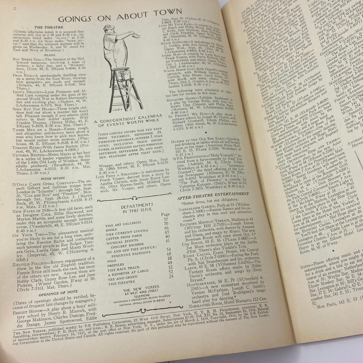 Inside pages of The New Yorker Complete Magazine September 26, 1936 featuring the 'Goings On About Town' section, highlighting events and entertainment listings, associated with the Constantin Alajalov cover.