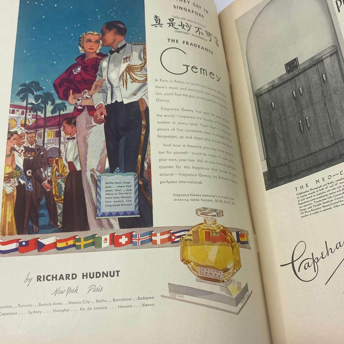 The New Yorker Complete Magazine September 26, 1936, showcasing an advertisement for Gemey fragrance by Richard Hudnut, featuring a glamorous couple at a formal event, complete with colorful flags and a vintage perfume bottle illustration.