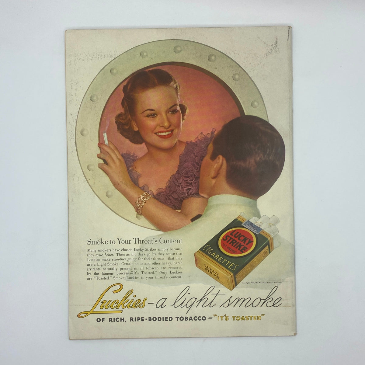 The New Yorker Complete Magazine September 26, 1936, featuring a nostalgic advertisement for Lucky Strike cigarettes, highlighting a smiling woman with a cigarette and a suave male companion, emphasizing the light smoke of the brand.