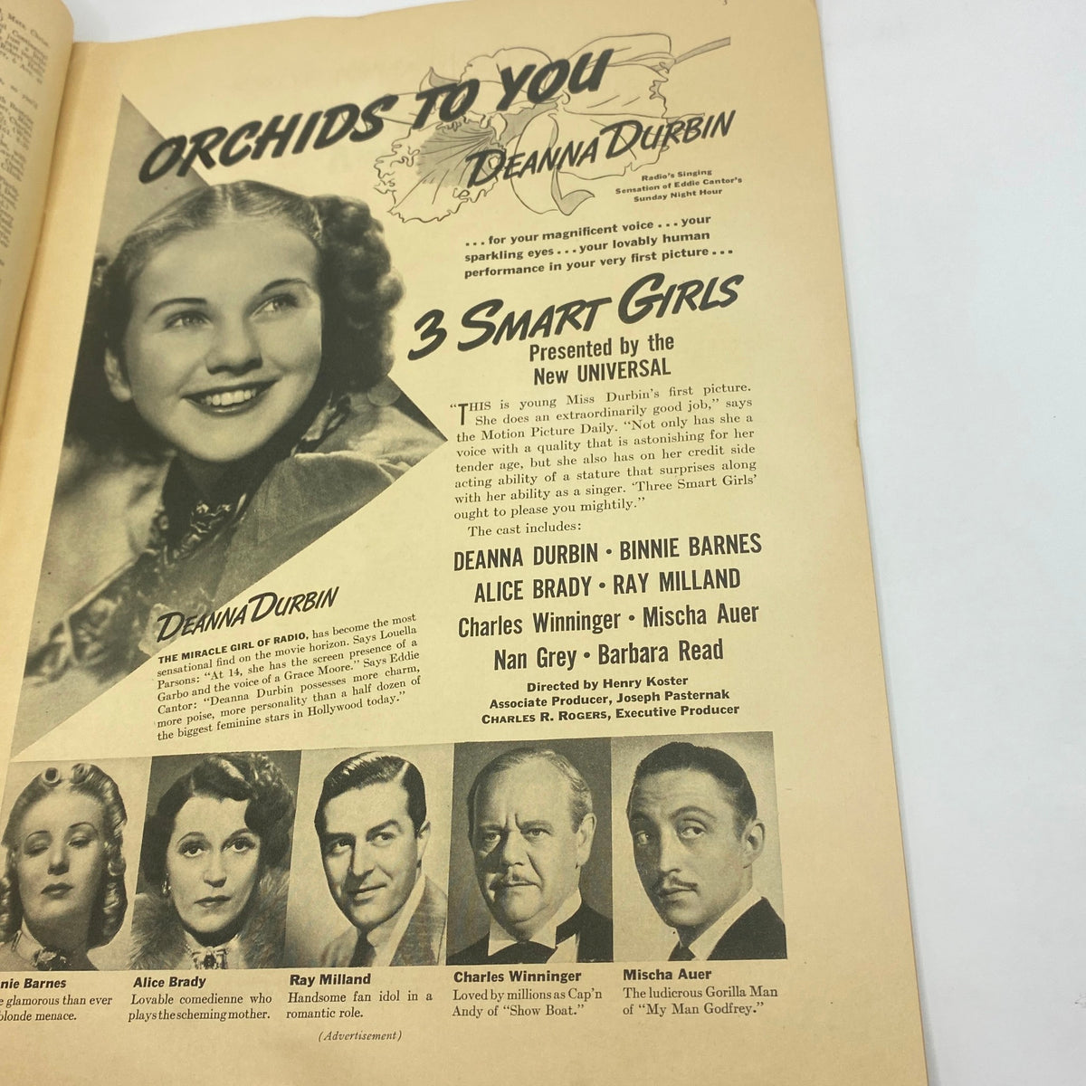 Advertisement for the movie 'Orchids to You' featuring Deanna Durbin in The New Yorker Complete Magazine December 26, 1936.