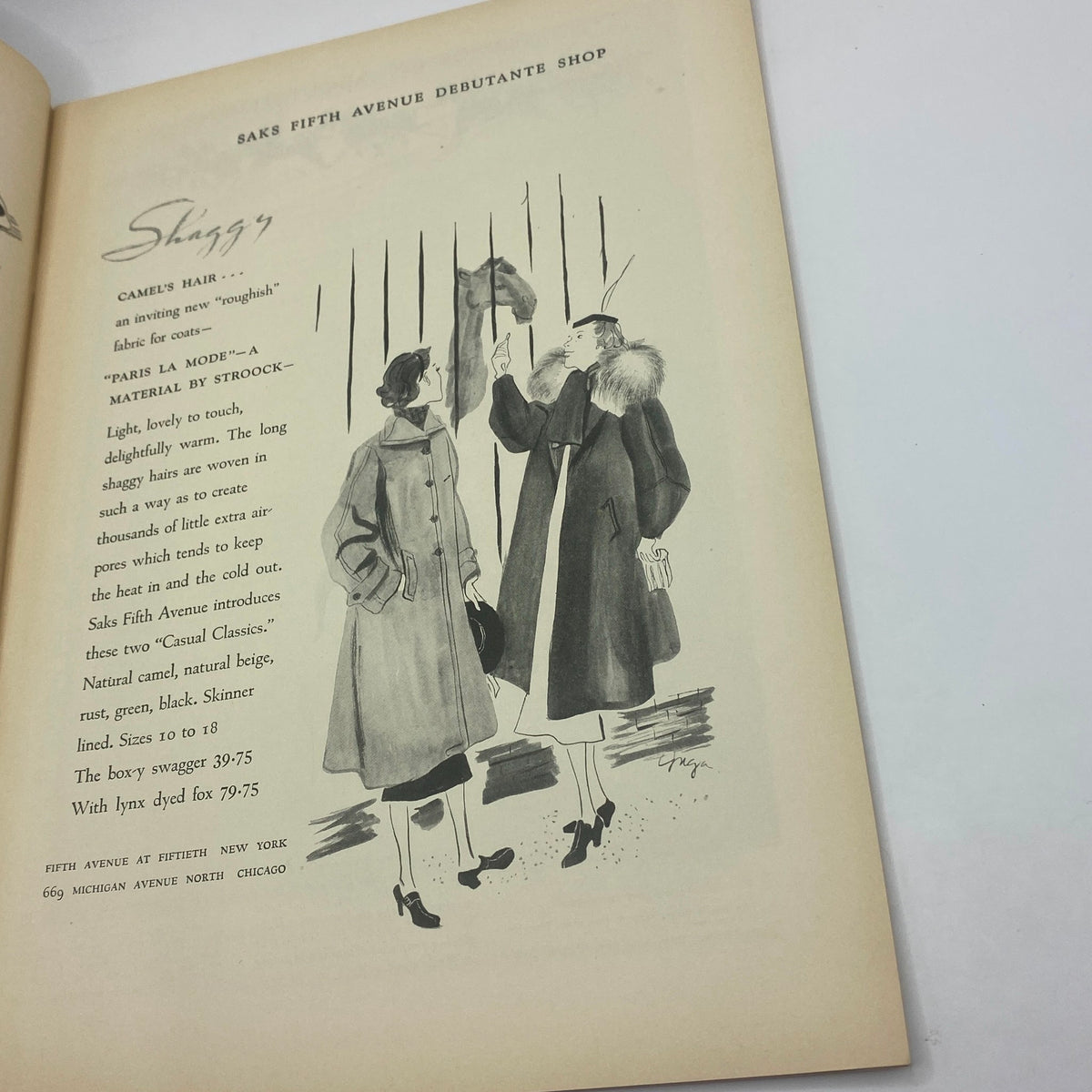 Illustration from The New Yorker magazine showcasing Saks Fifth Avenue Debutante Shop featuring two fashionable women discussing winter coats. Related to The New Yorker Complete Magazine September 12, 1936 Rea Irvin Cover.