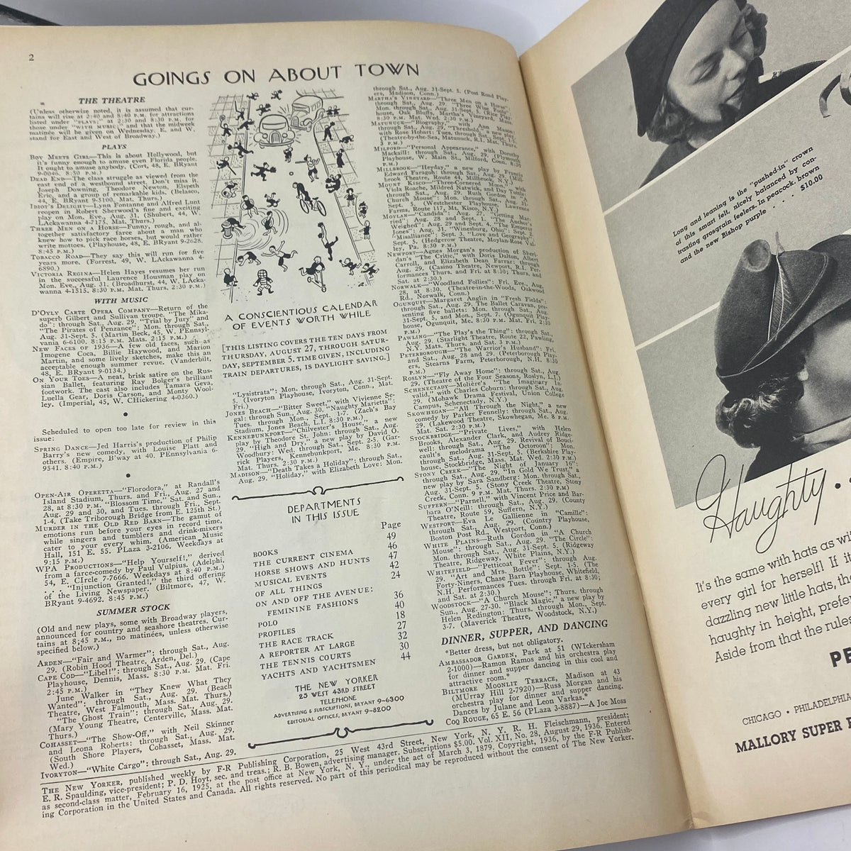 Inside pages of The New Yorker Complete Magazine August 29, 1936 showcasing a theatre events calendar and department listings, presenting a glimpse into 1930s culture.
