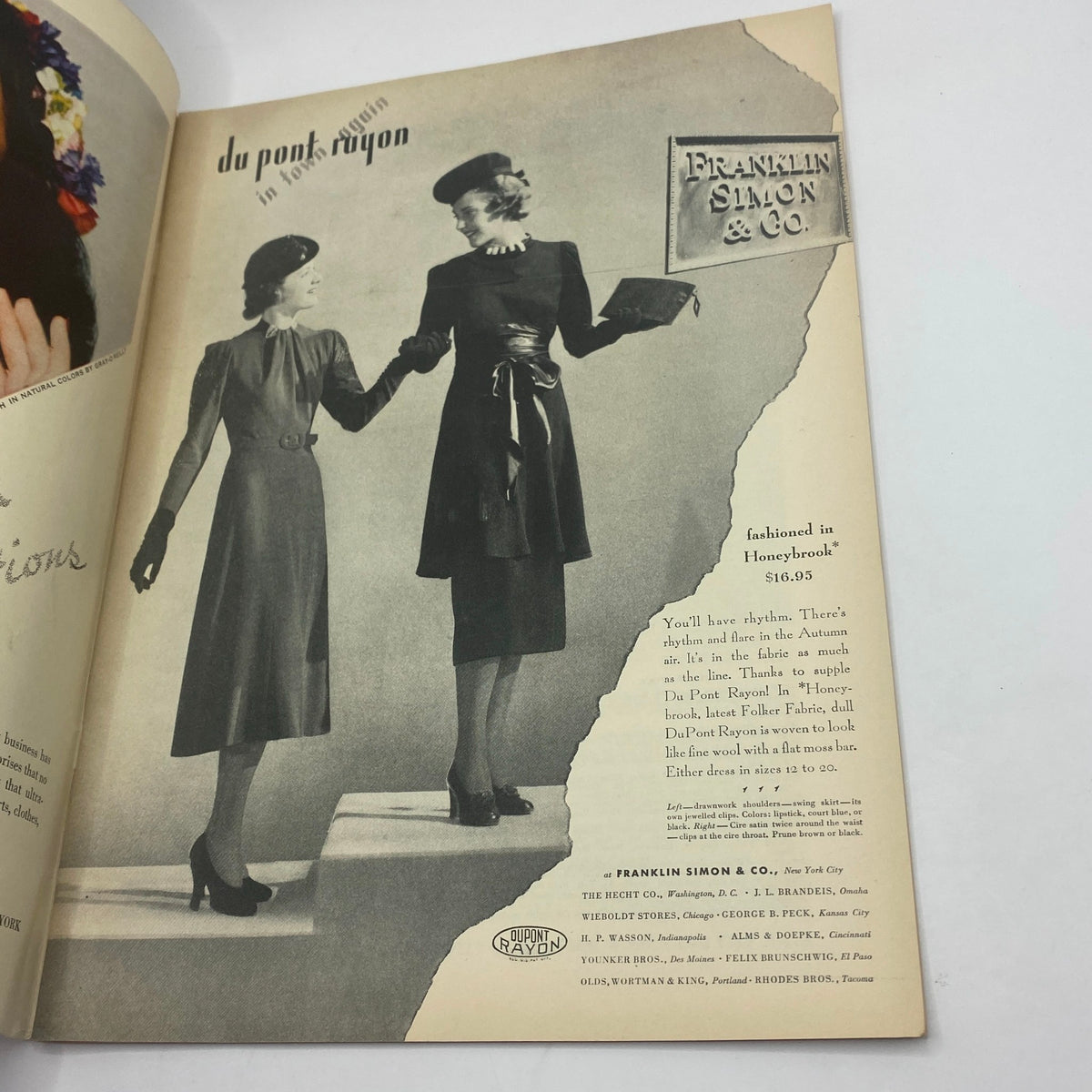 An advertisement from The New Yorker Complete Magazine August 29, 1936 featuring fashionable dresses by Franklin Simon & Co, illustrated in a vintage style typical of the era.