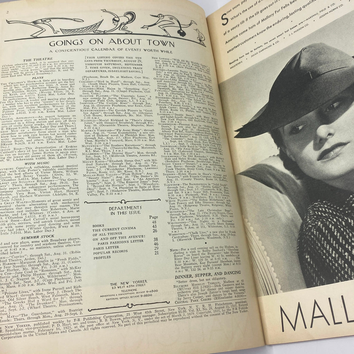 Inside page of The New Yorker magazine from August 31, 1935 featuring events calendar and articles, showcasing vintage typography and layout, associated with Harry Brown's cover.