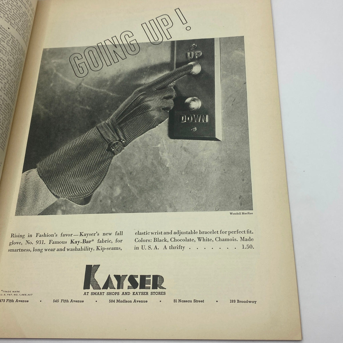 Advertisement page from The New Yorker magazine August 31, 1935 featuring Kayser gloves, with a stylish gloved hand pressing an elevator button, highlighting 1930s fashion trends.